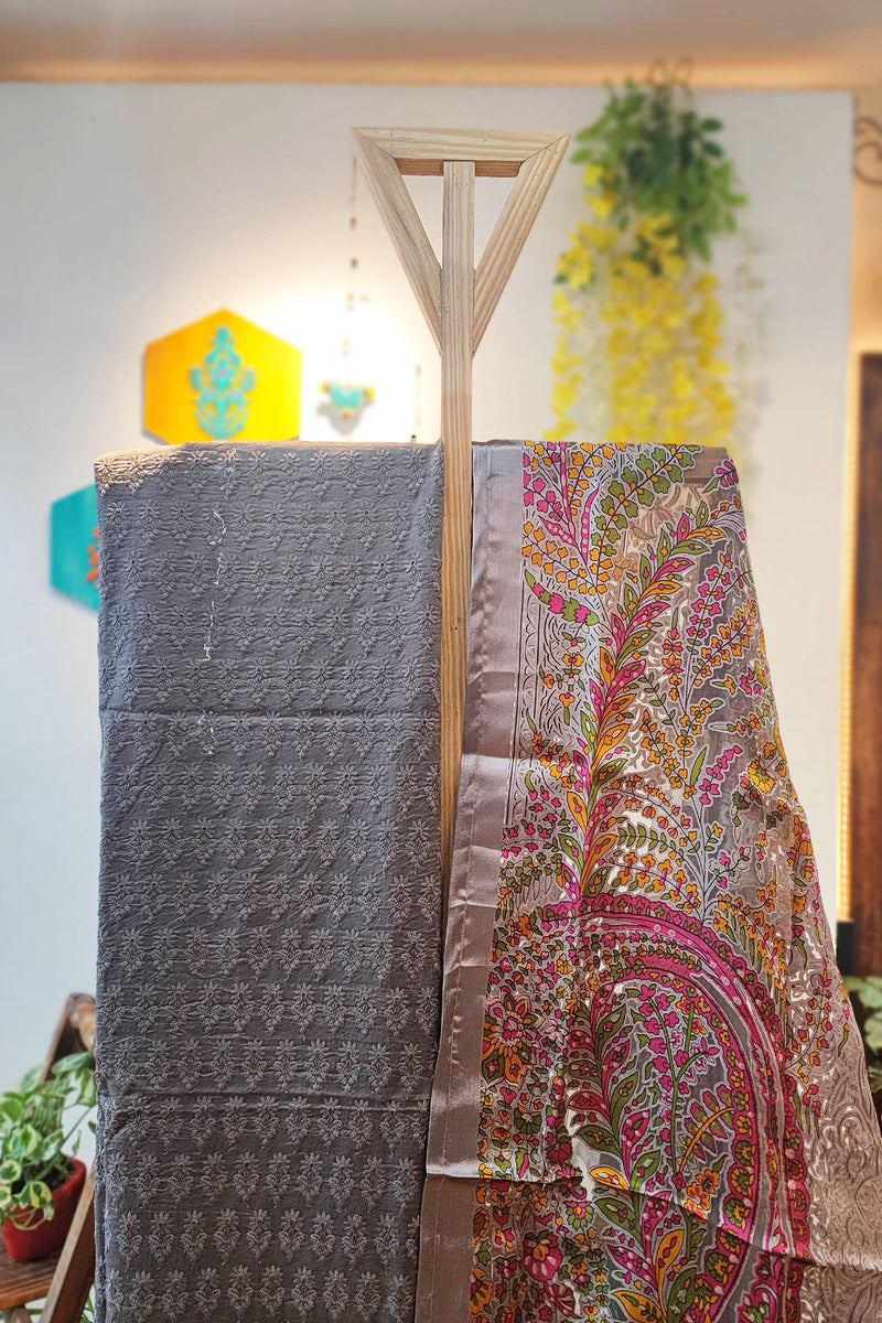 Grey Soft Chanderi Silk Kurta with Self-Weaving and  Fancy Satin Organza Dupatta with and Cotton pant