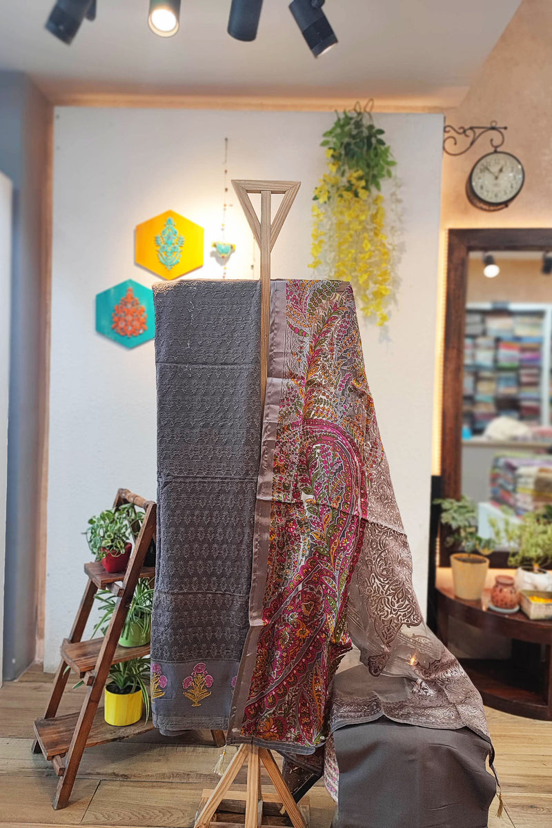 Grey Soft Chanderi Silk Kurta with Self-Weaving and  Fancy Satin Organza Dupatta with and Cotton pant