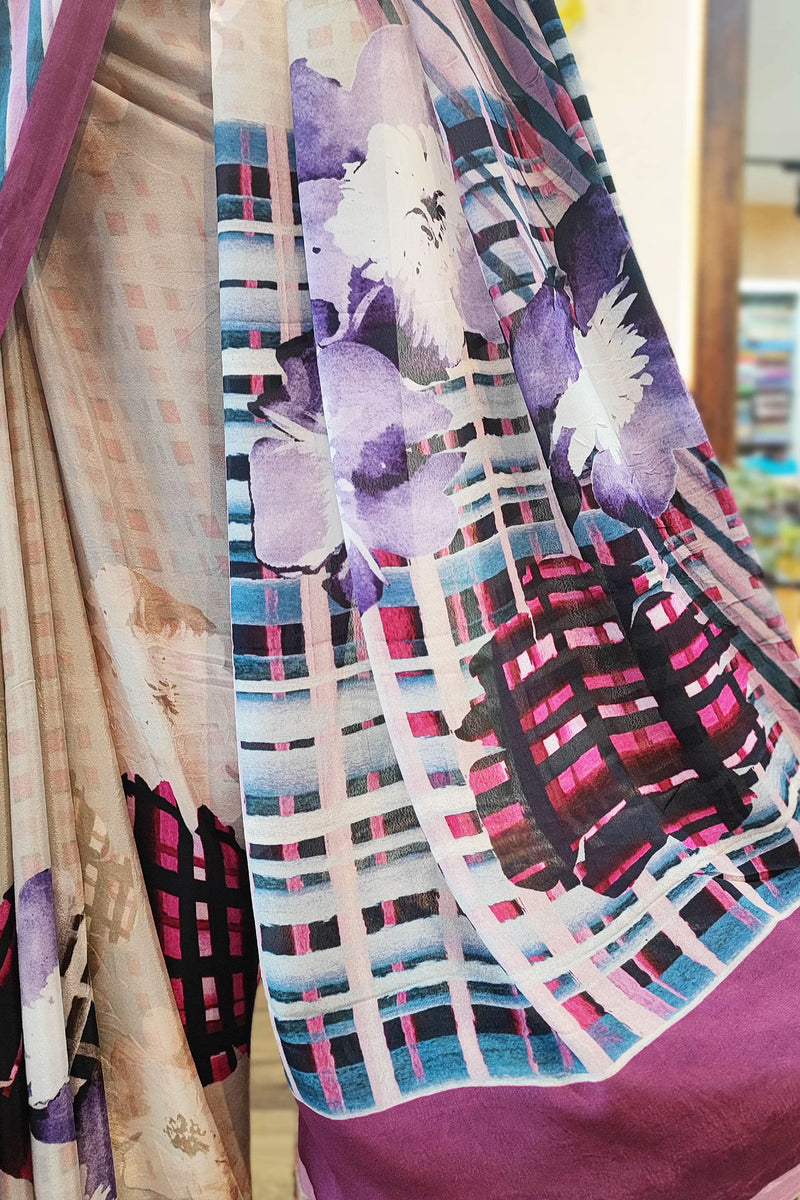 Purple Geometric & Floral Print Pure Crepe Saree with Running Blouse