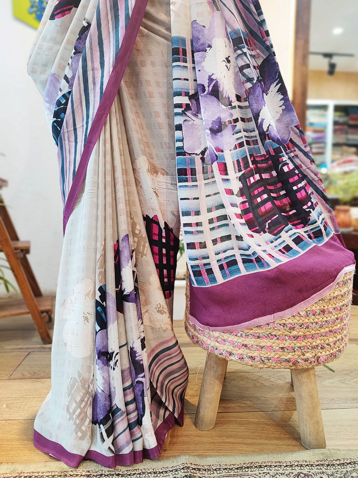 Purple Geometric & Floral Print Pure Crepe Saree with Running Blouse