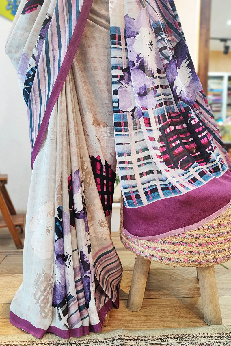 Purple Geometric & Floral Print Pure Crepe Saree with Running Blouse