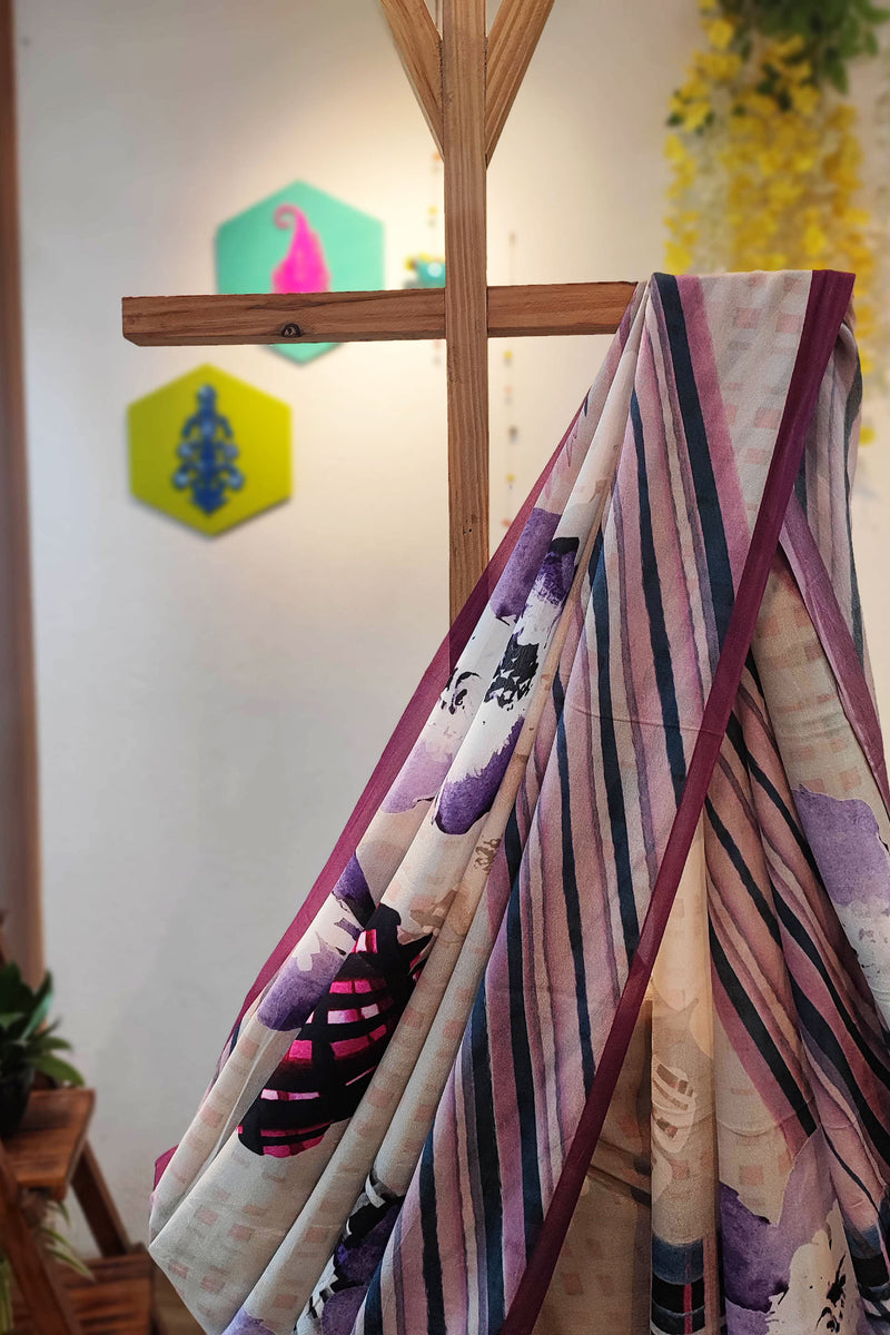 Purple Geometric & Floral Print Pure Crepe Saree with Running Blouse