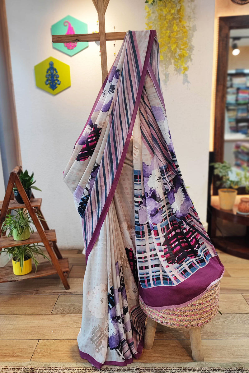 Purple Geometric & Floral Print Pure Crepe Saree with Running Blouse
