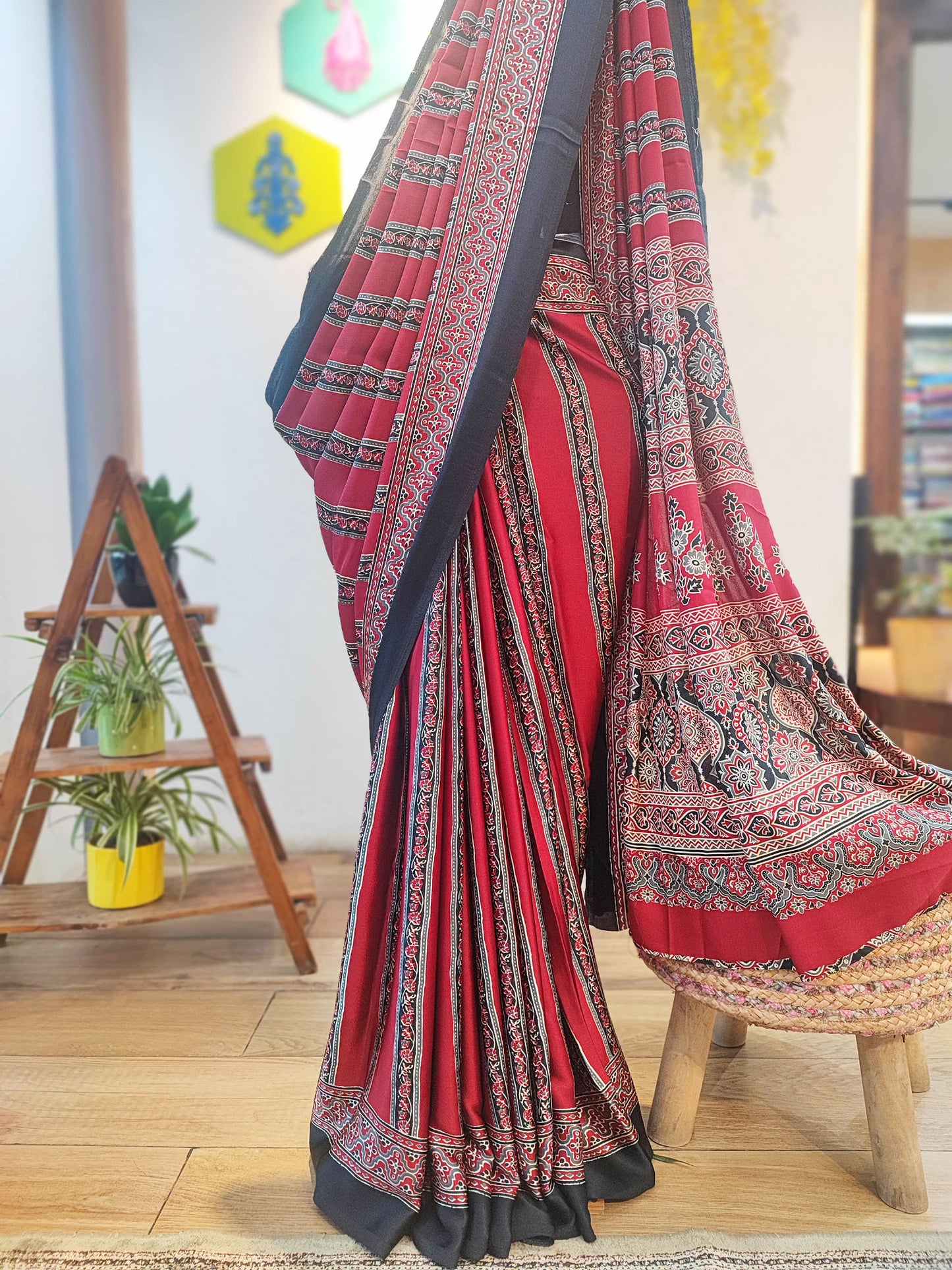 Red & Black Handblock Printed Modal Saree with Running Blouse