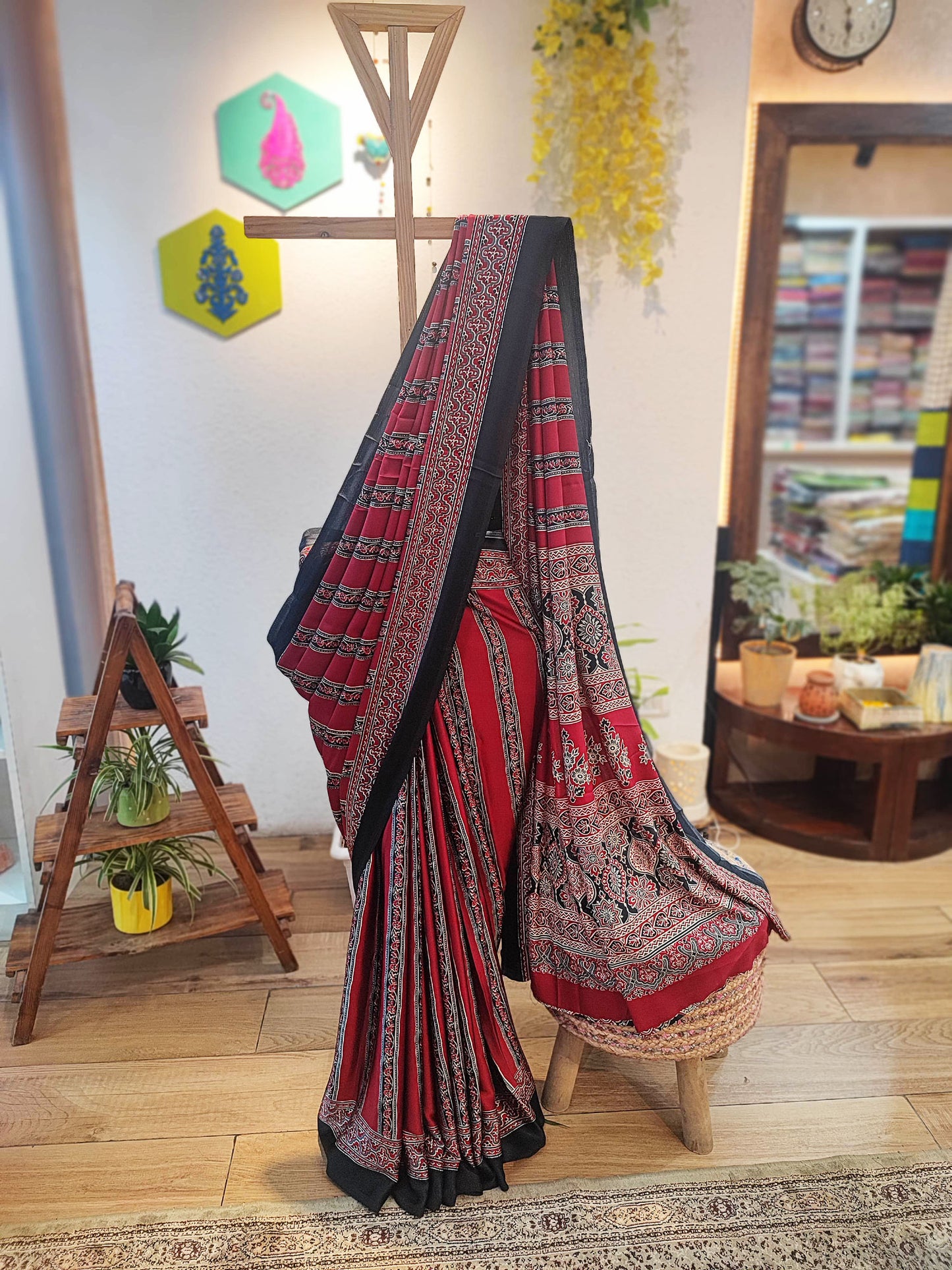 Red & Black Handblock Printed Modal Saree with Running Blouse
