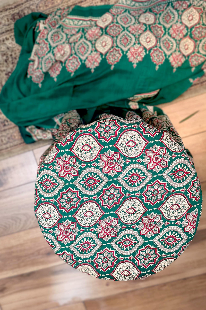 Emerald Green Handblock Printed Modal Saree with Running Blouse