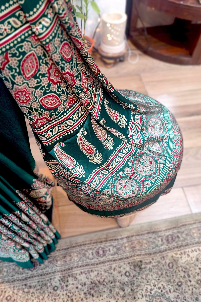 Emerald Green Handblock Printed Modal Saree with Running Blouse