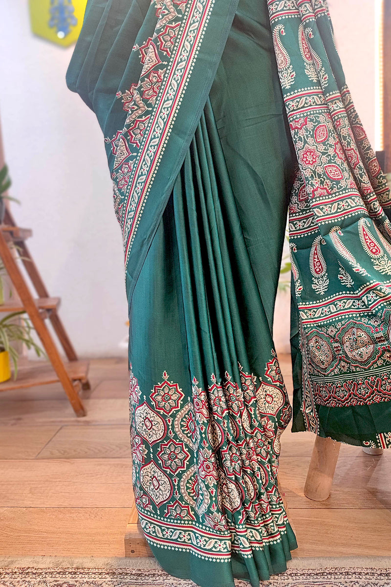 Emerald Green Handblock Printed Modal Saree with Running Blouse