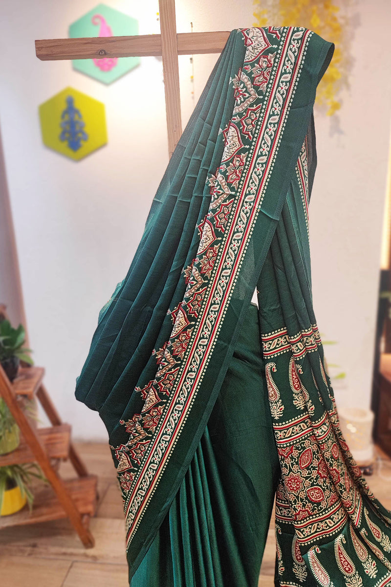Emerald Green Handblock Printed Modal Saree with Running Blouse
