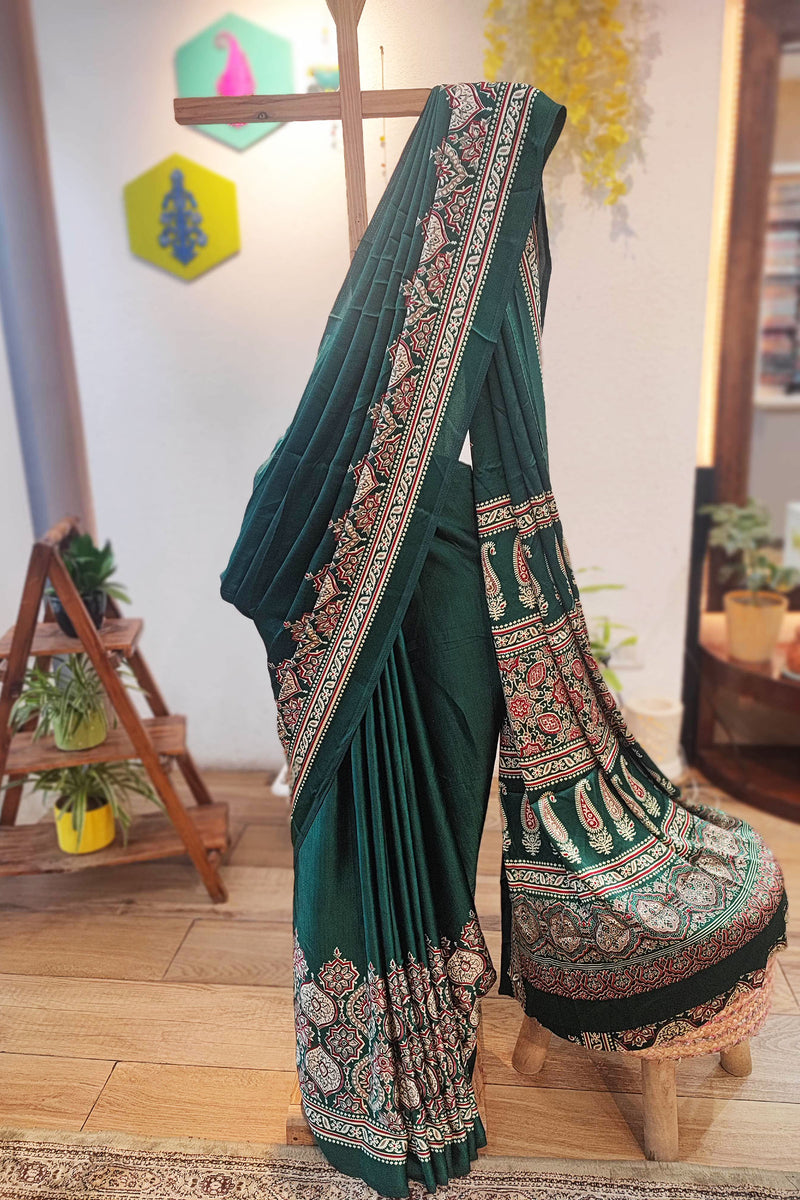 Emerald Green Handblock Printed Modal Saree with Running Blouse