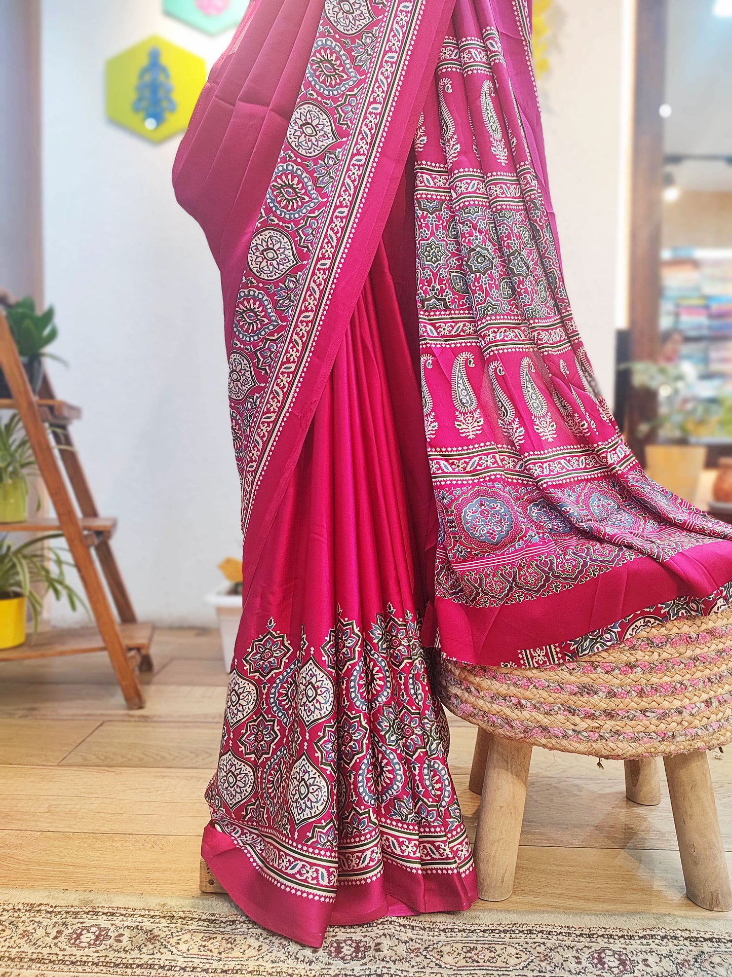 Deep Pink Handblock Printed Modal Saree with Running Blouse