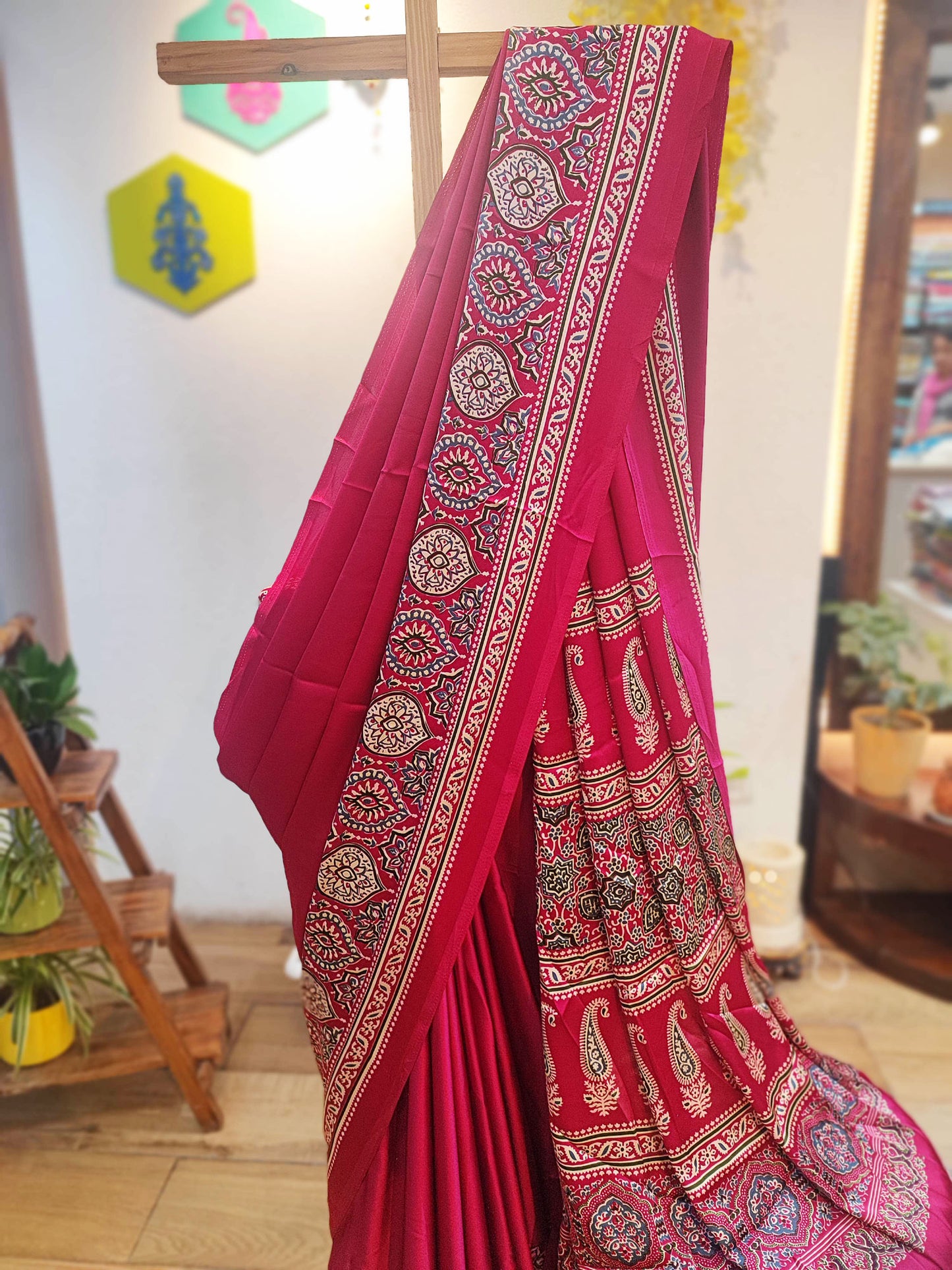 Deep Pink Handblock Printed Modal Saree with Running Blouse