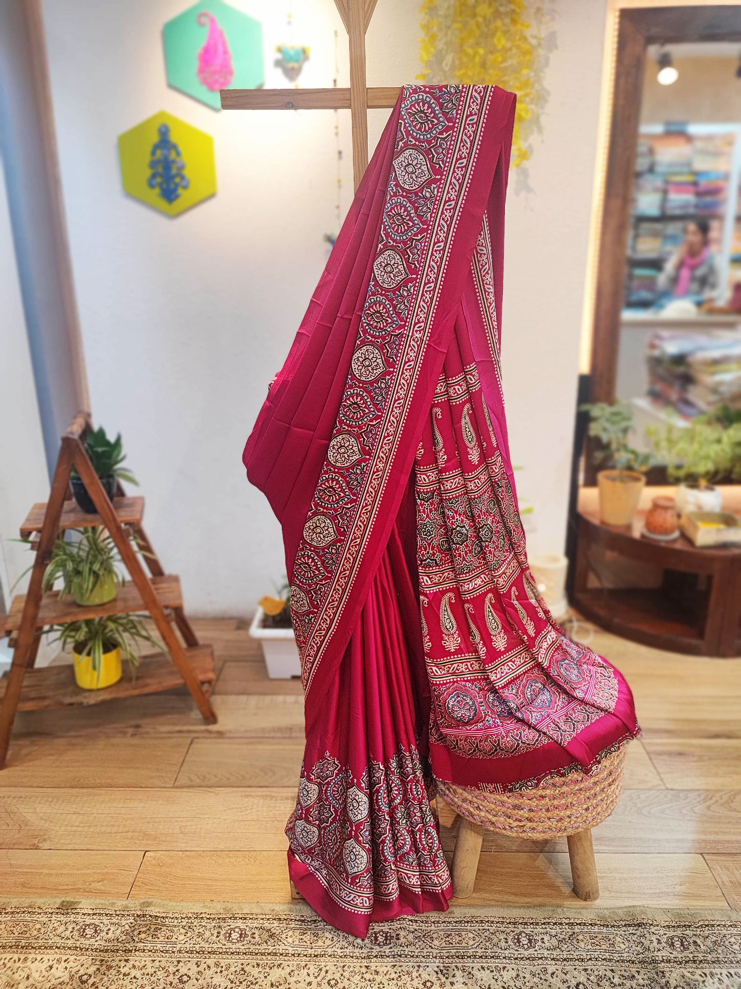 Deep Pink Handblock Printed Modal Saree with Running Blouse