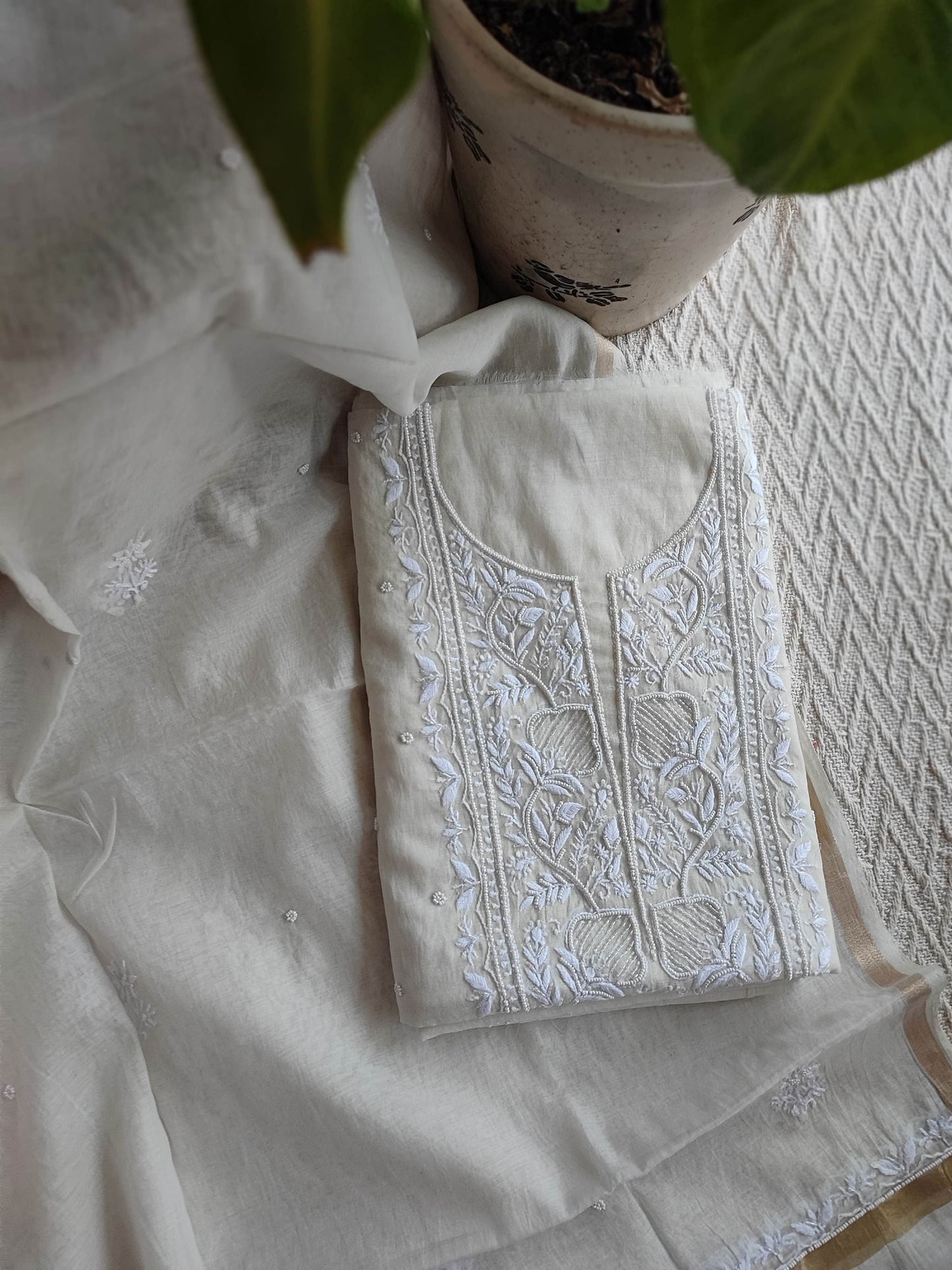 Off White Mul Chanderi Kurta Dupatta Set with Lucknowi Handwork