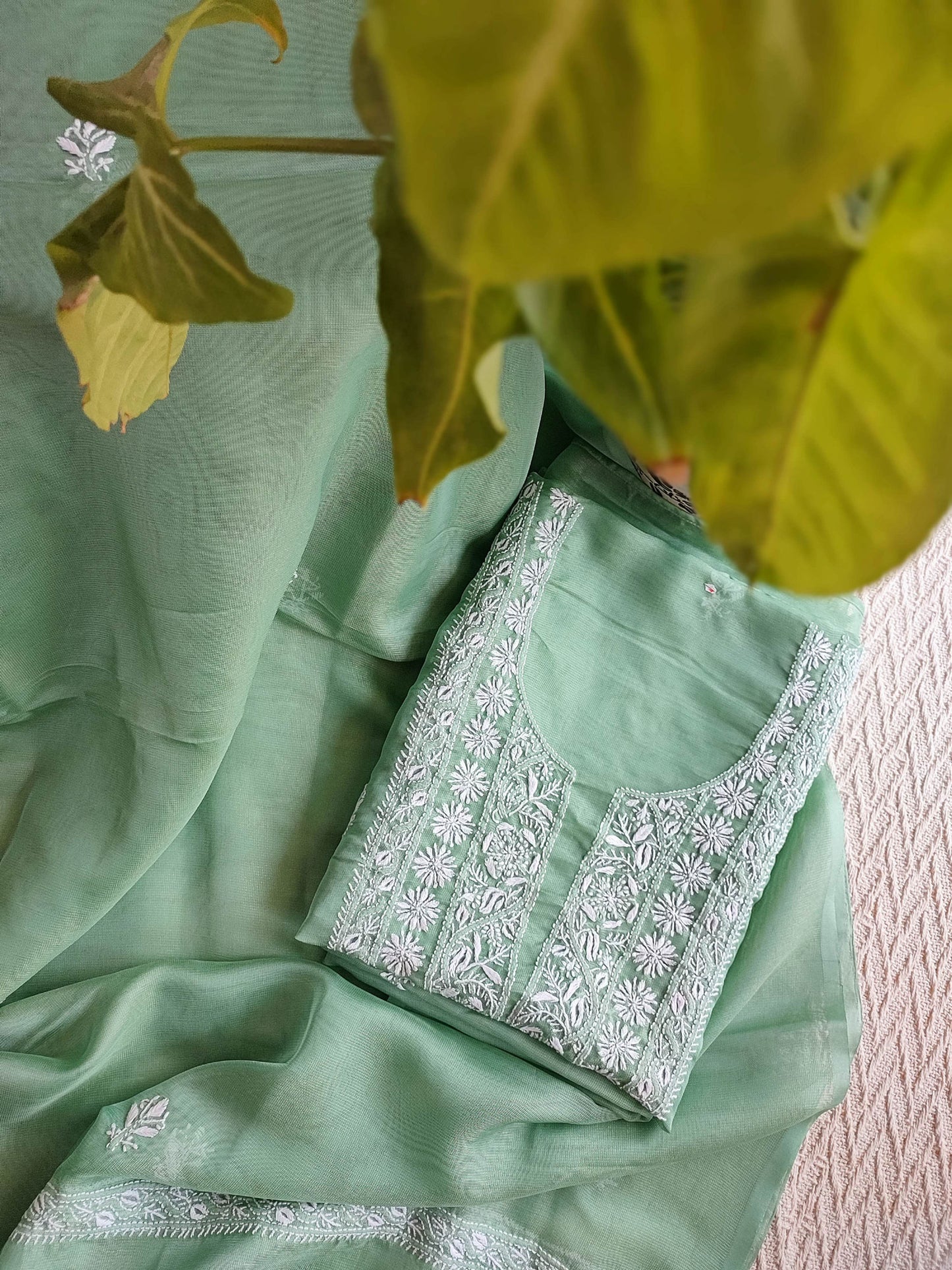 Pista Shimmer Georgette Kurta Dupatta Set with Lucknowi Embroidery Work