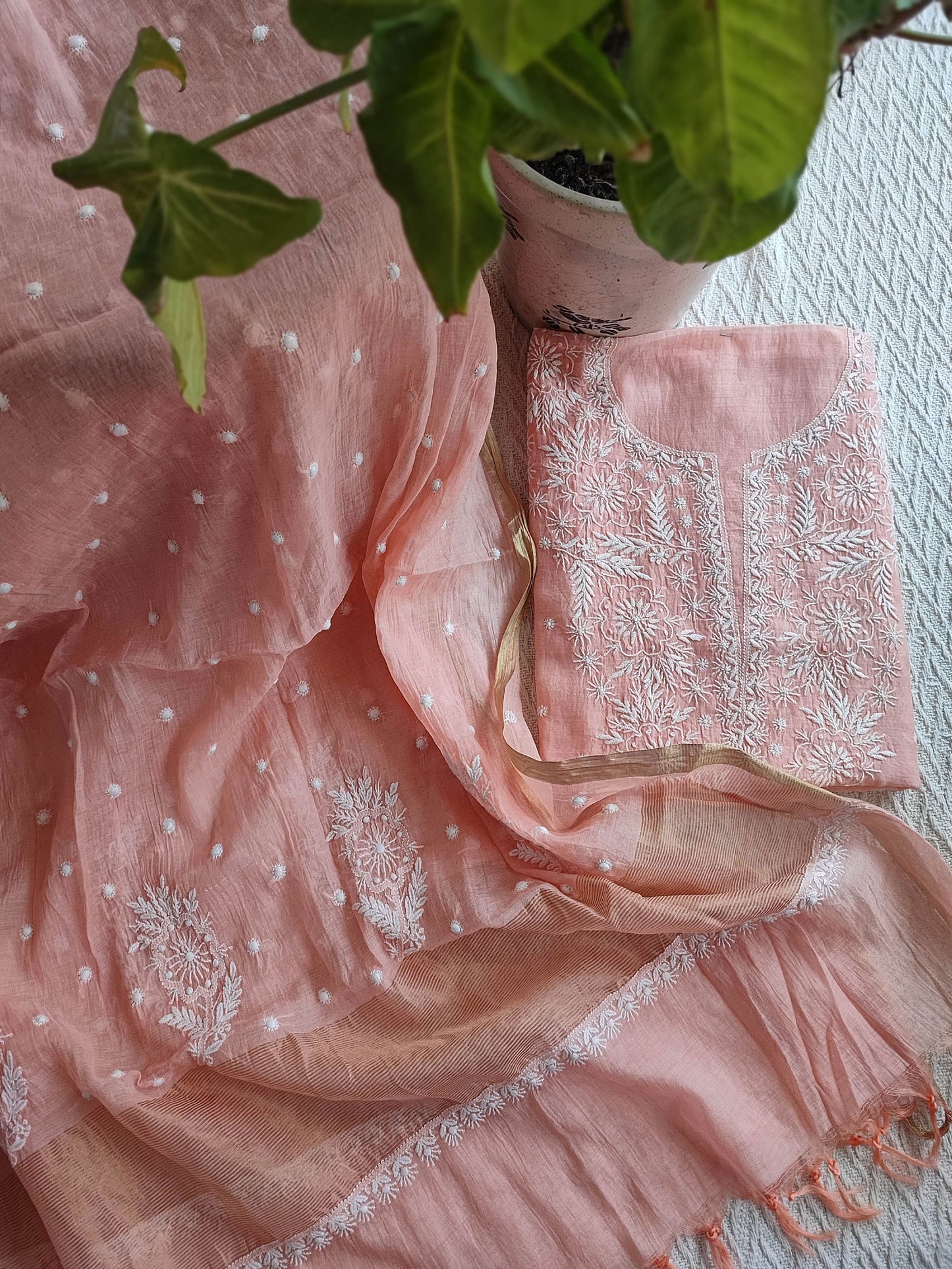 Peach mul chanderisilk Kurta Dupatta Set with Lucknowi Embroidery Work