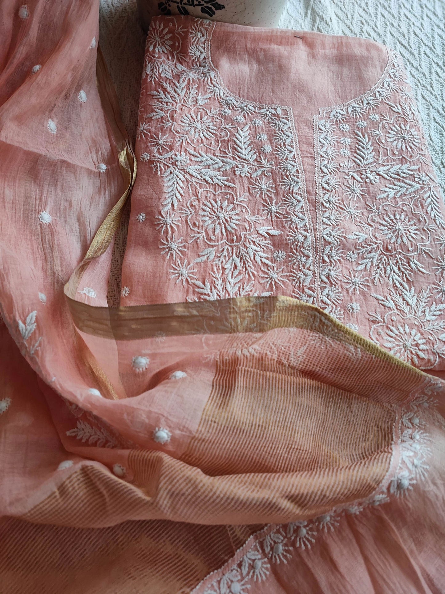 Peach mul chanderisilk Kurta Dupatta Set with Lucknowi Embroidery Work