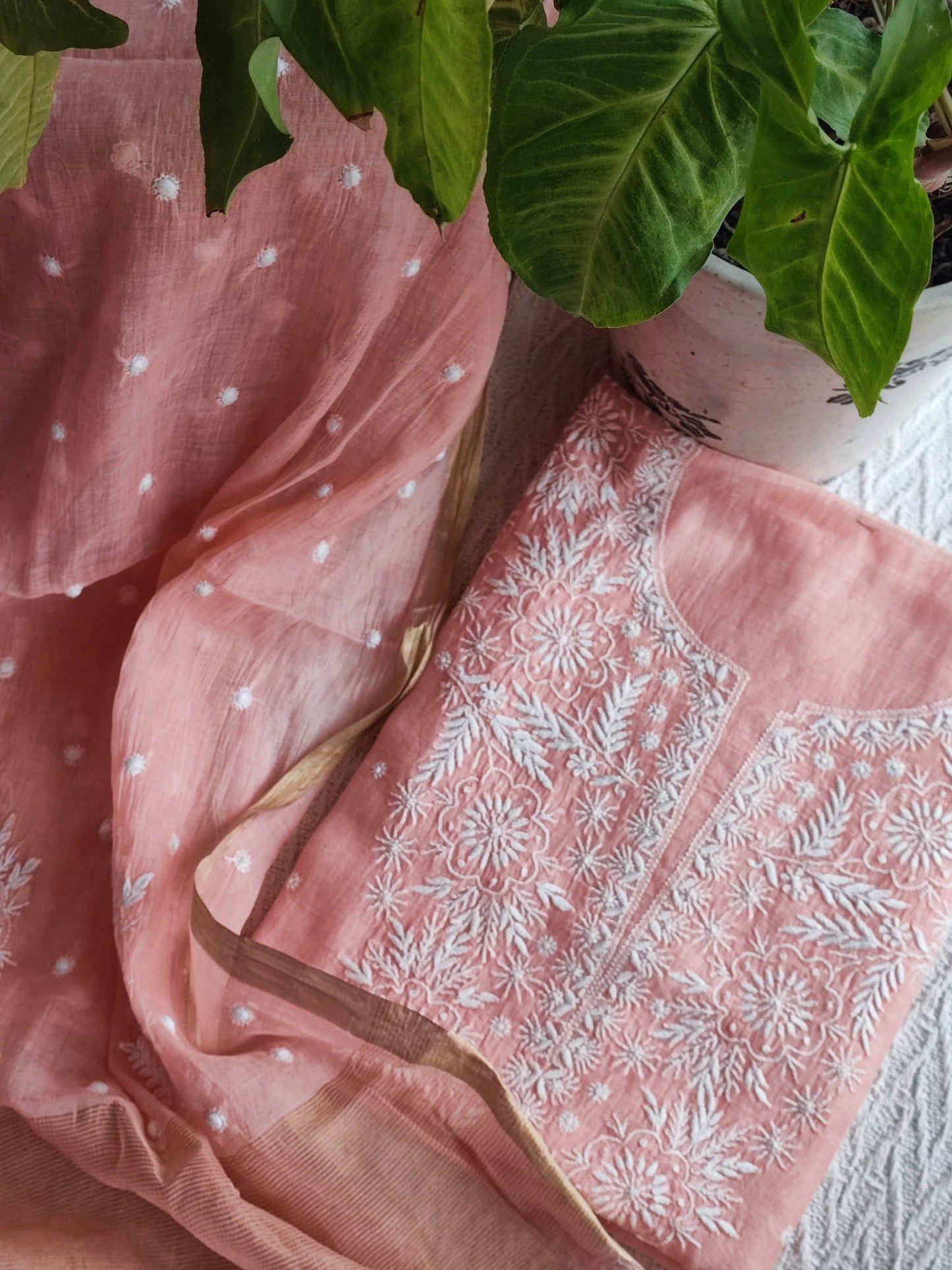 Peach mul chanderisilk Kurta Dupatta Set with Lucknowi Embroidery Work