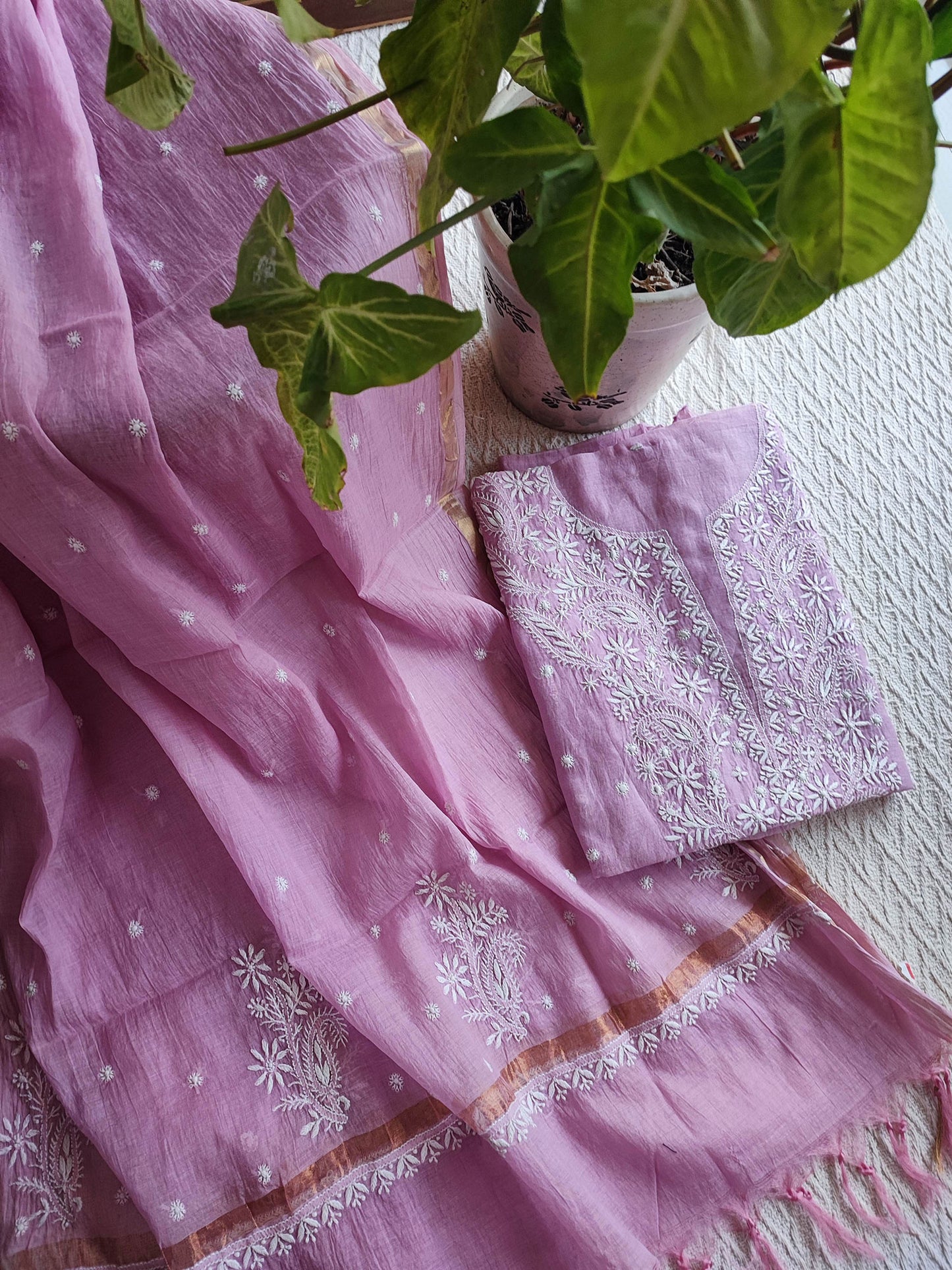 Mauve Mul Chanderi Kurta Fabric & Dupatta with Lucknowi Embroidery Work