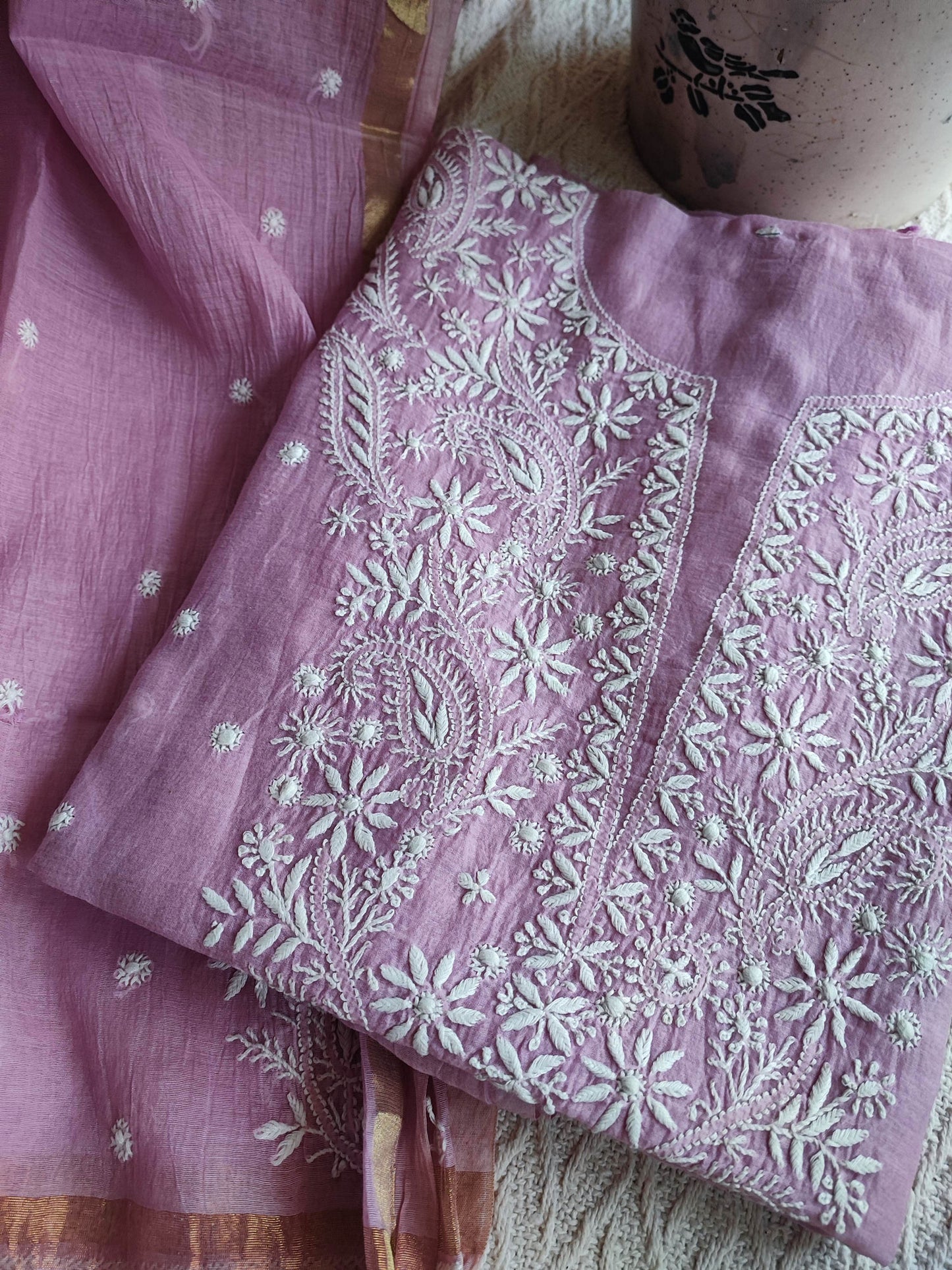 Mauve Mul Chanderi Kurta Fabric & Dupatta with Lucknowi Embroidery Work
