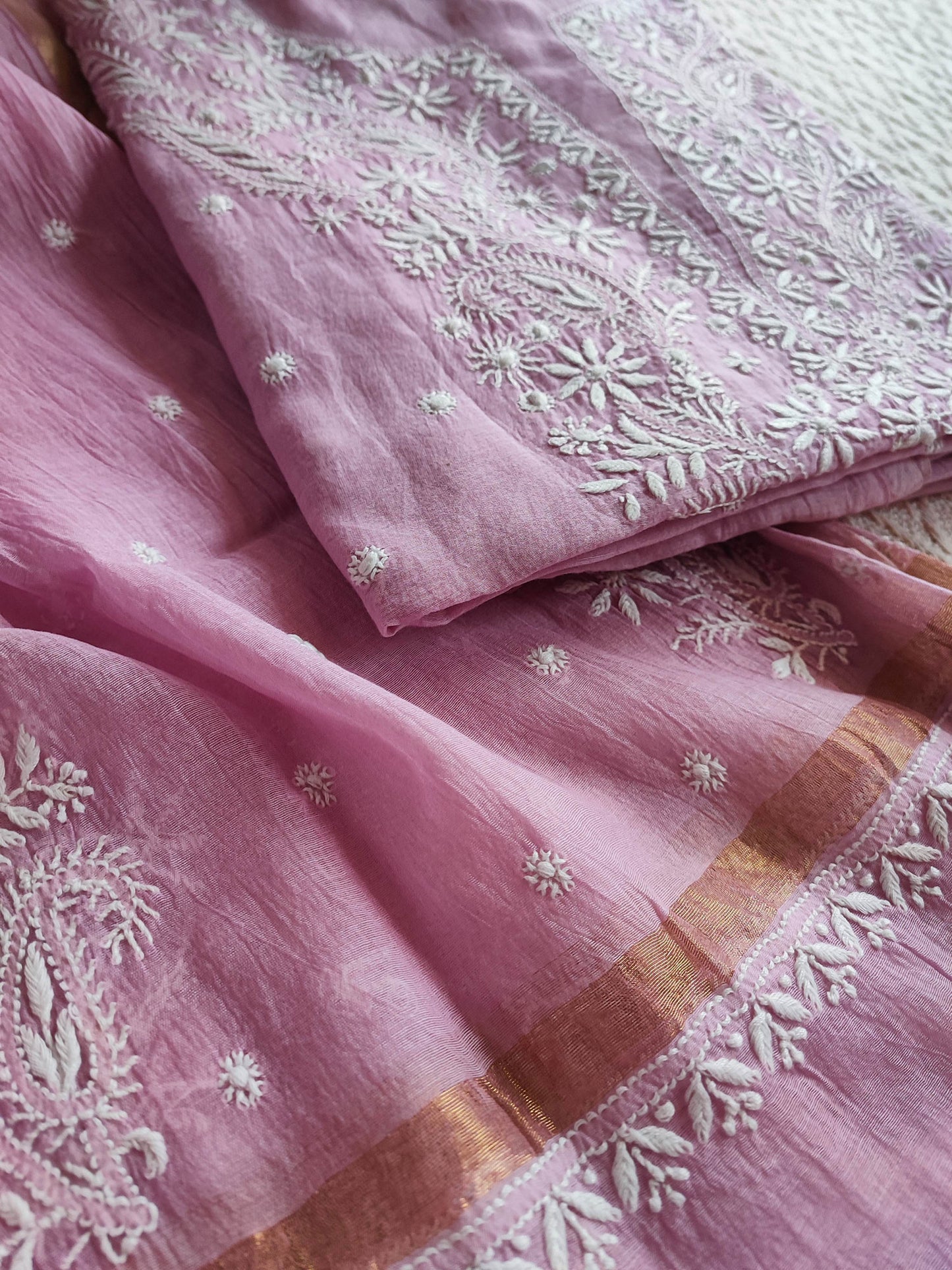 Mauve Mul Chanderi Kurta Fabric & Dupatta with Lucknowi Embroidery Work