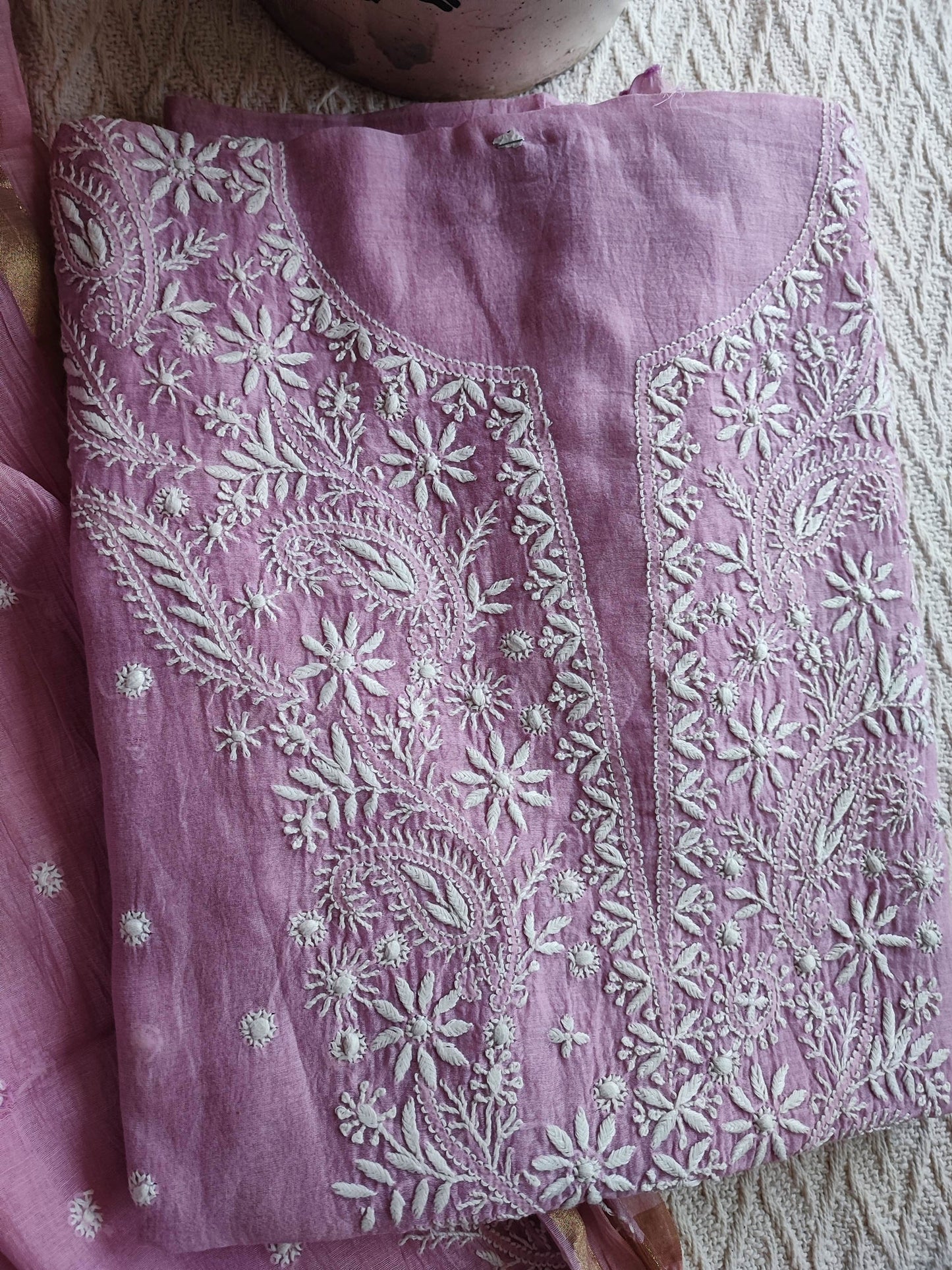Mauve Mul Chanderi Kurta Fabric & Dupatta with Lucknowi Embroidery Work
