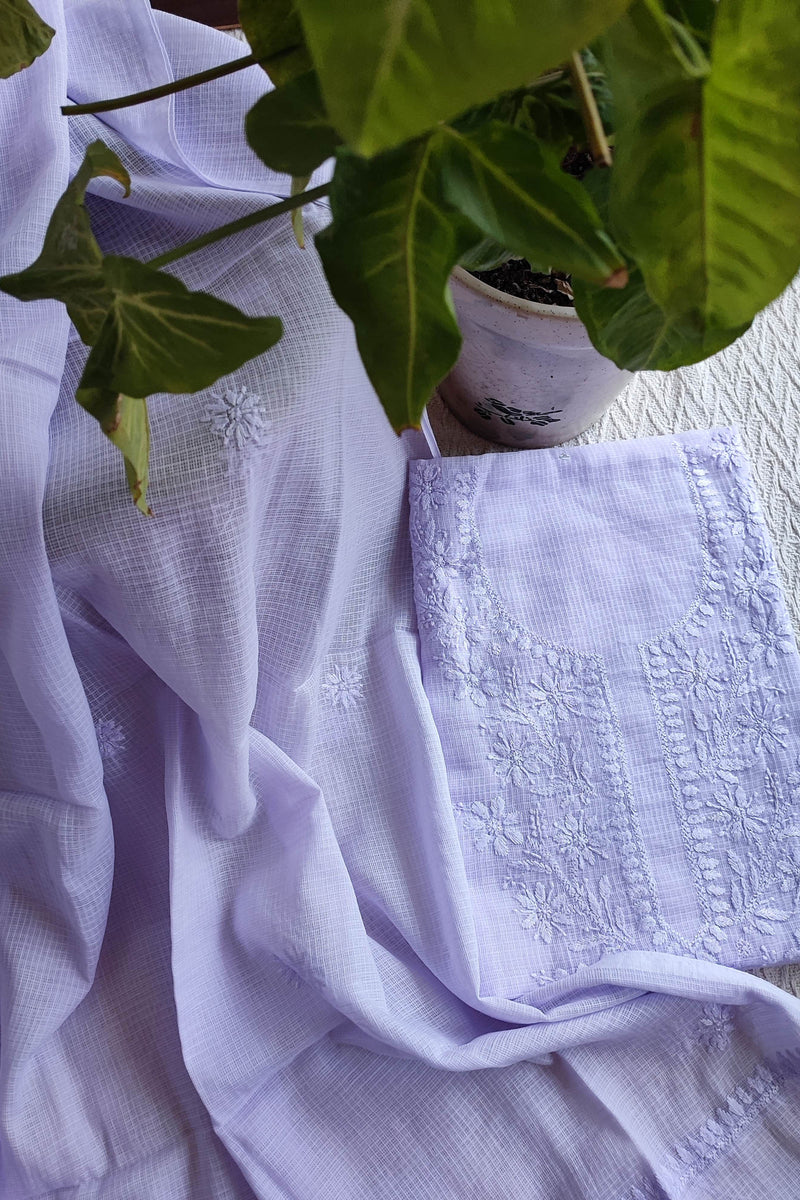 Lavender Kota Kurta Fabric & Dupatta with Lucknowi Embroidery Work