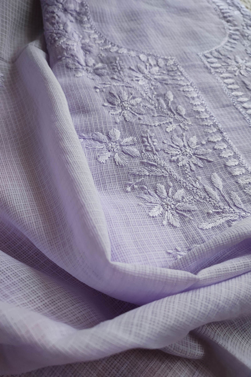 Lavender Kota Kurta Fabric & Dupatta with Lucknowi Embroidery Work