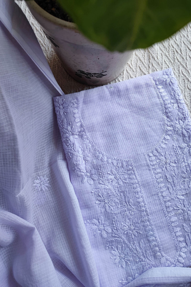 Lavender Kota Kurta Fabric & Dupatta with Lucknowi Embroidery Work