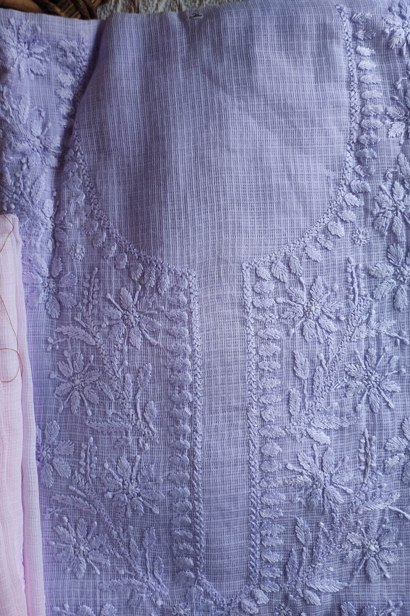 Lavender Kota Kurta Fabric & Dupatta with Lucknowi Embroidery Work