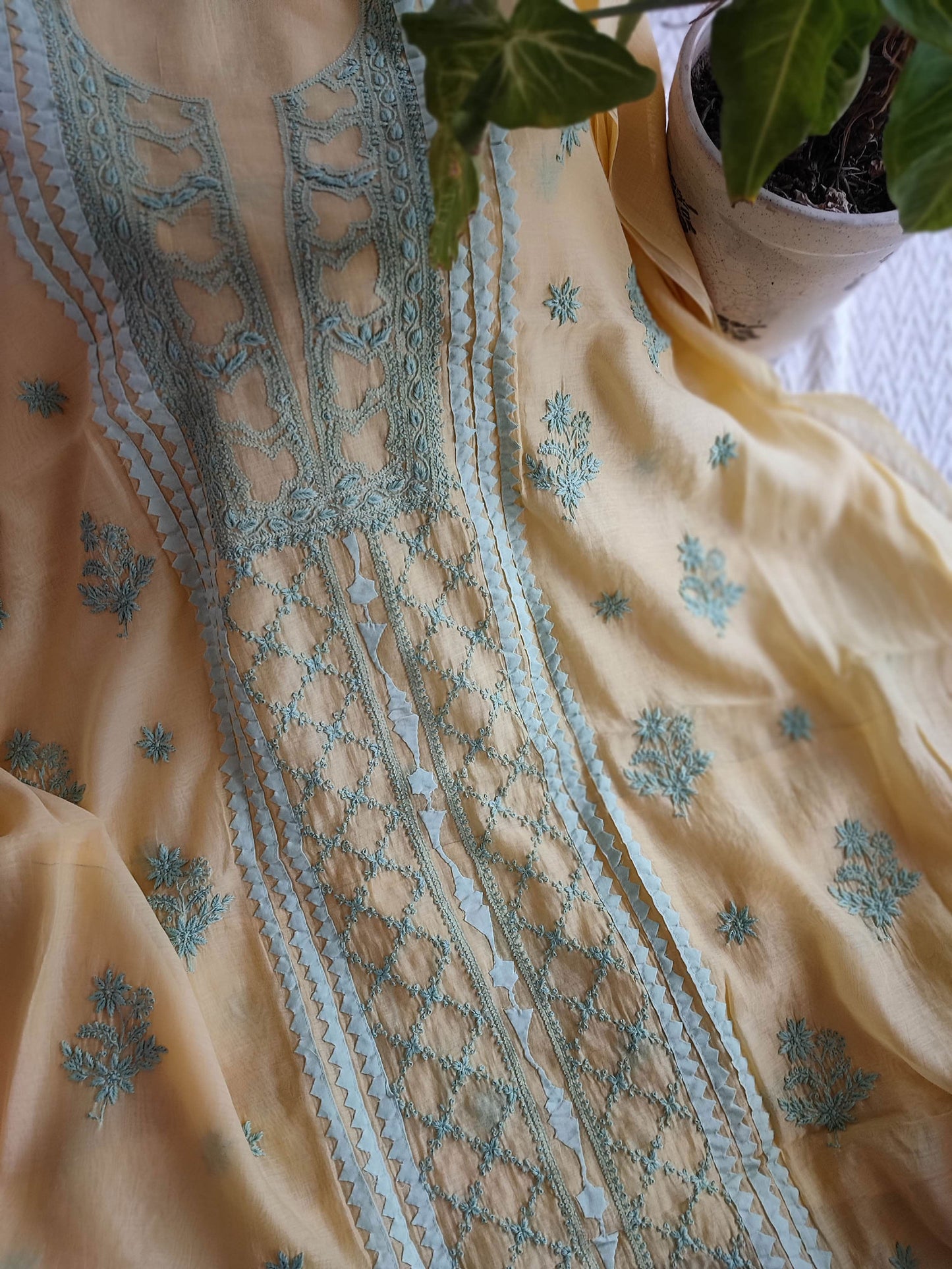 Pastel Yellow Lucknowi Mul Chanderi Kurta & Dupatta with Turquoise Appliqué Work