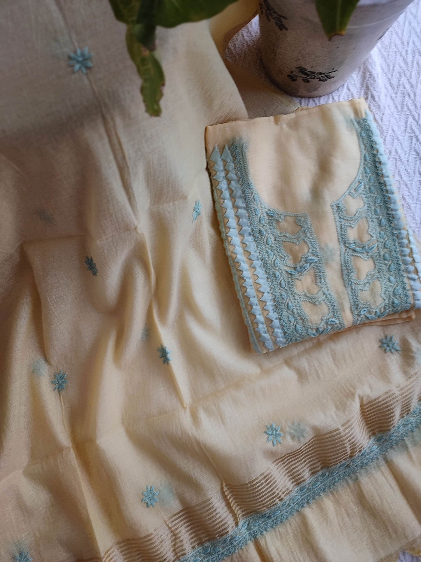 Pastel Yellow Lucknowi Mul Chanderi Kurta & Dupatta with Turquoise Appliqué Work