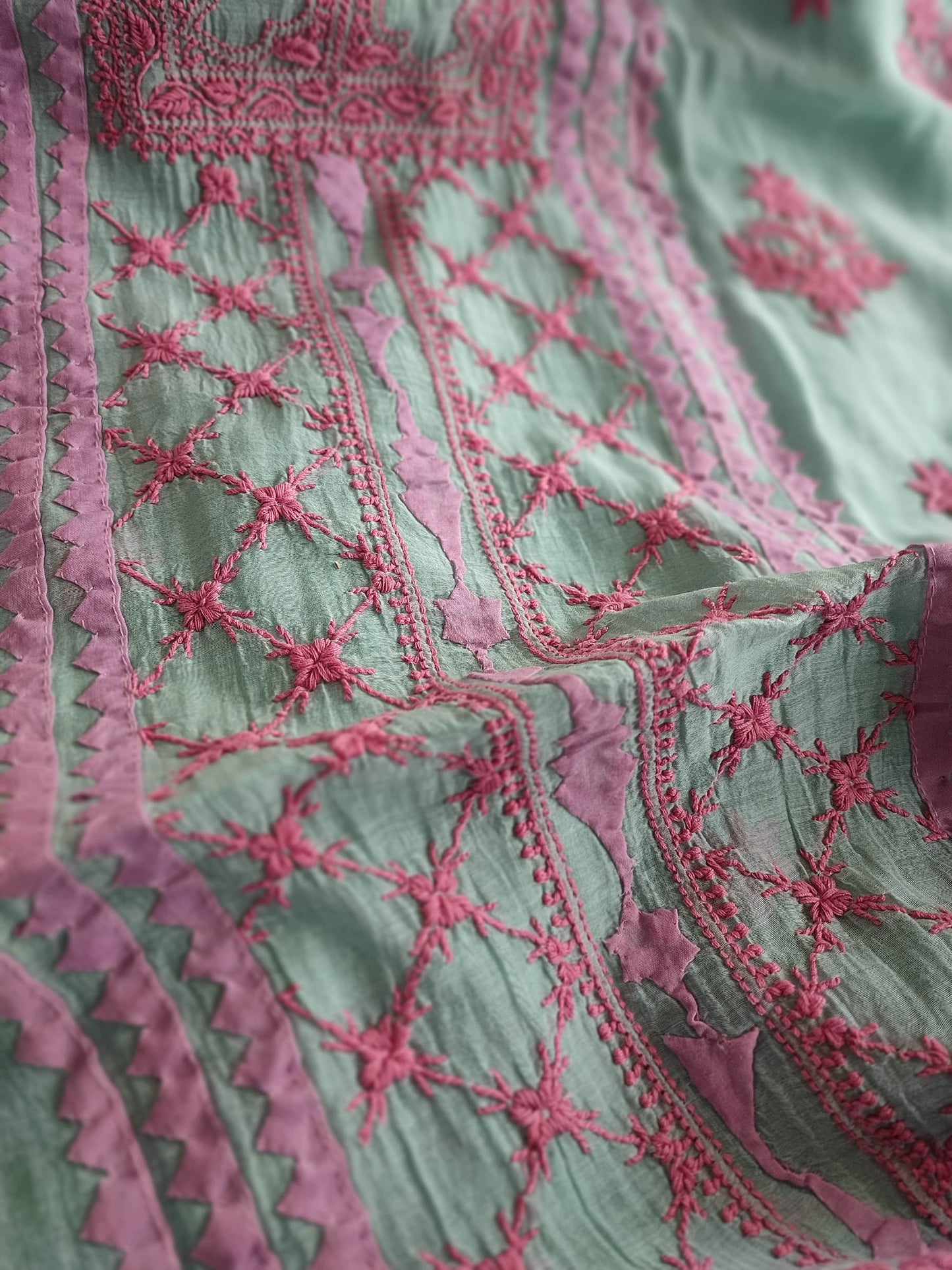 Teal Lucknowi Mul Chanderi Kurta & Dupatta with Pink Appliqué Work