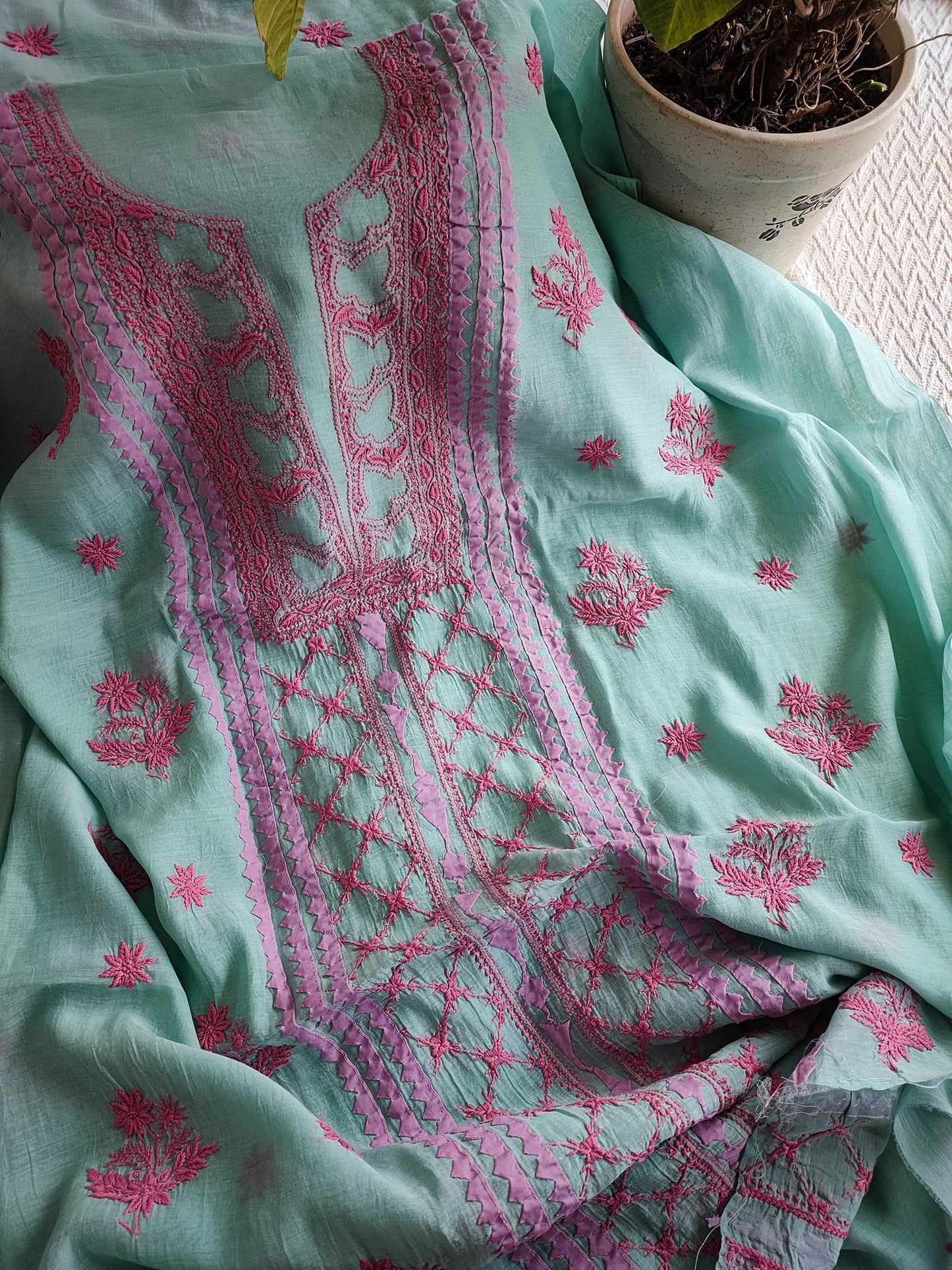 Teal Lucknowi Mul Chanderi Kurta & Dupatta with Pink Appliqué Work
