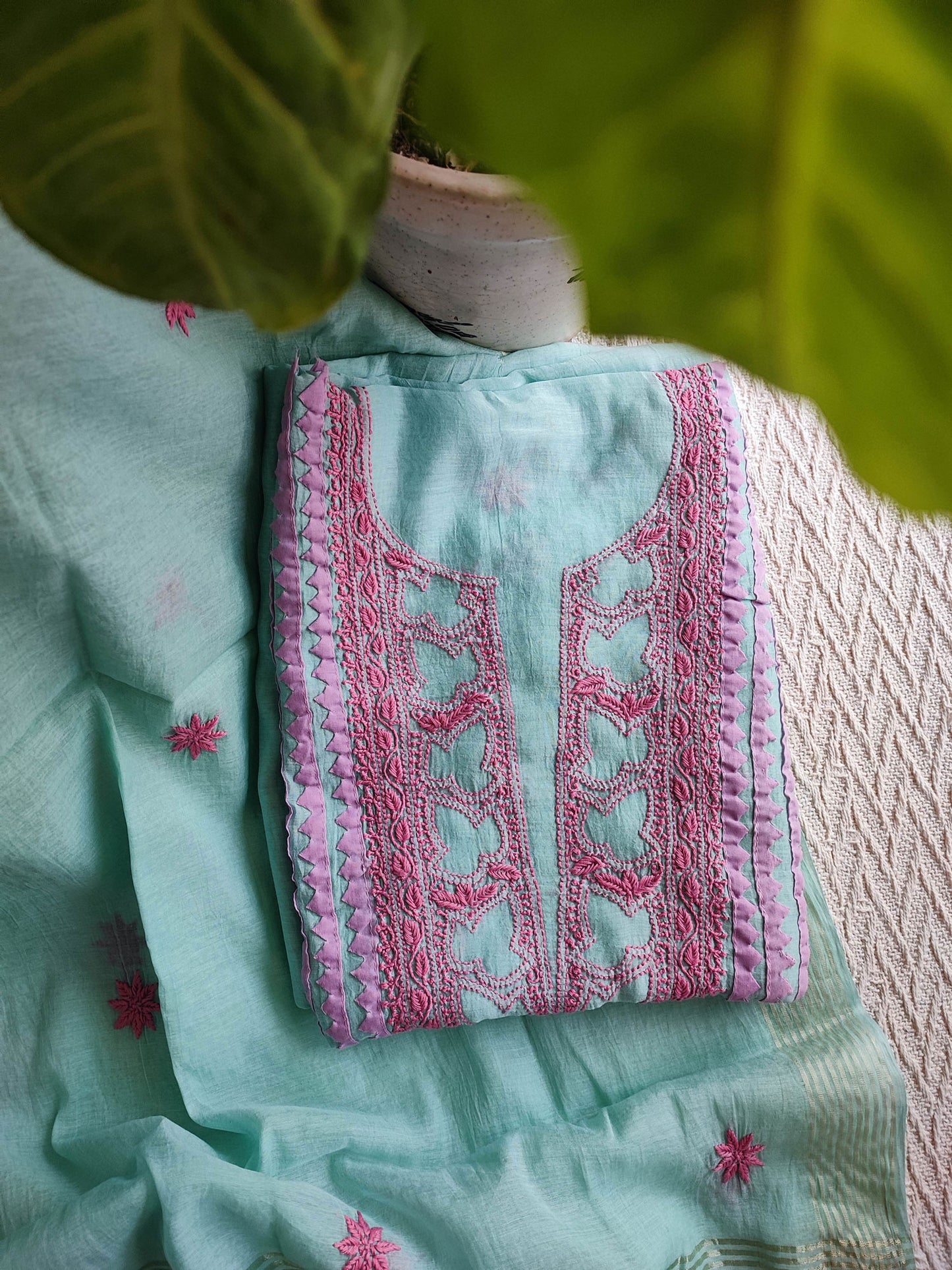 Teal Lucknowi Mul Chanderi Kurta & Dupatta with Pink Appliqué Work
