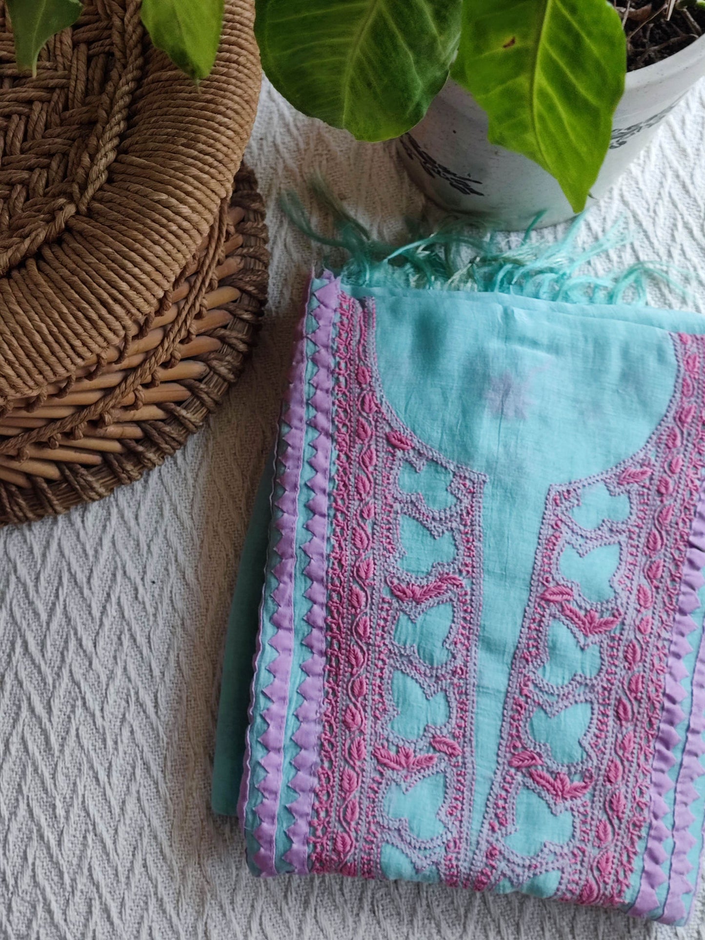 Teal Lucknowi Mul Chanderi Kurta & Dupatta with Pink Appliqué Work