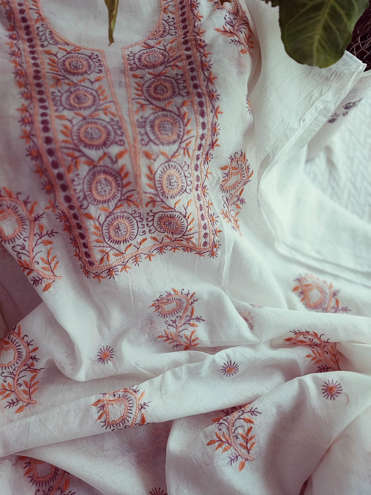 Off White Mul Chanderi Kurta Fabric & Dupatta with Lucknowi Embroidery