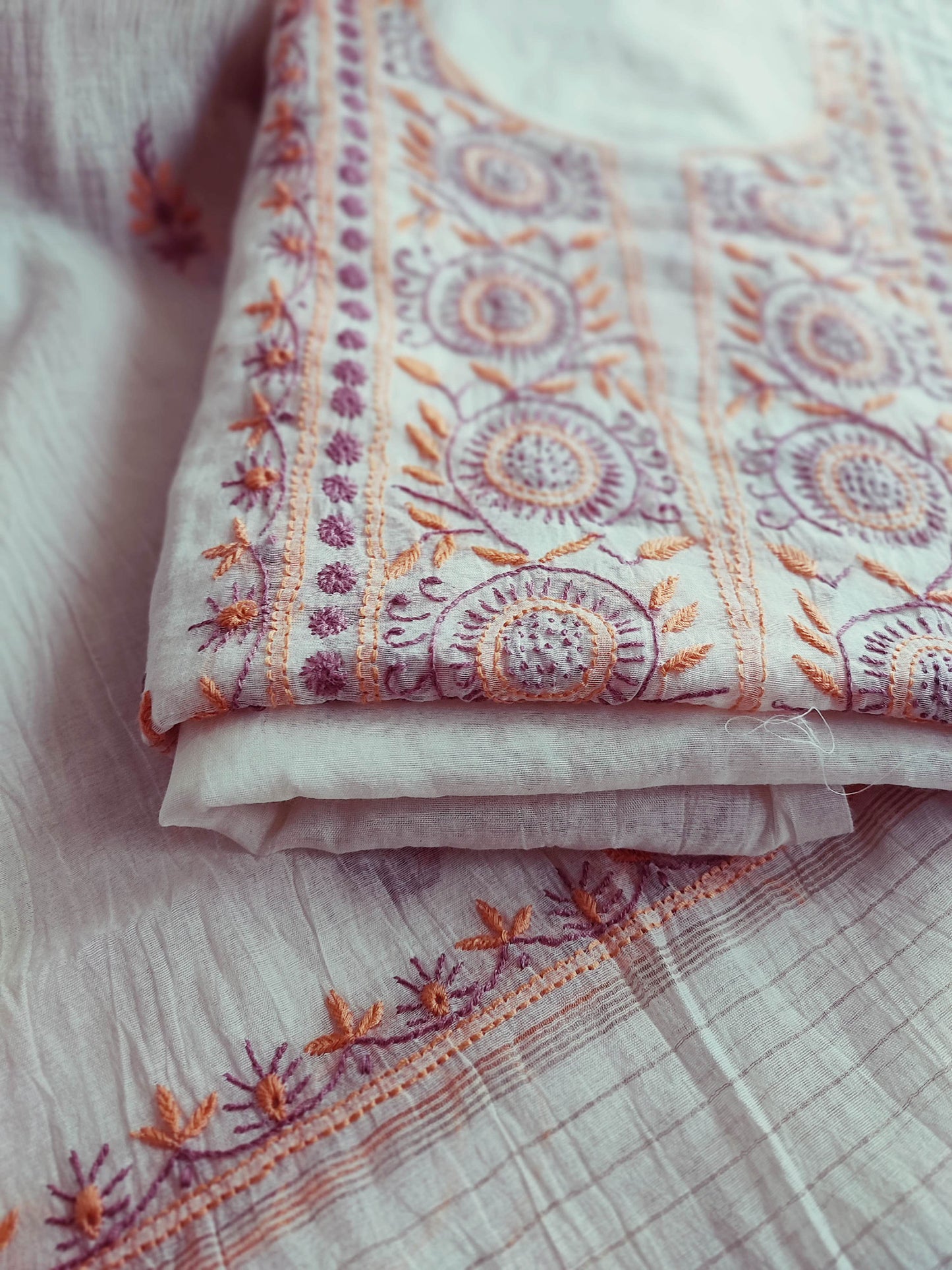 Off White Mul Chanderi Kurta Fabric & Dupatta with Lucknowi Embroidery