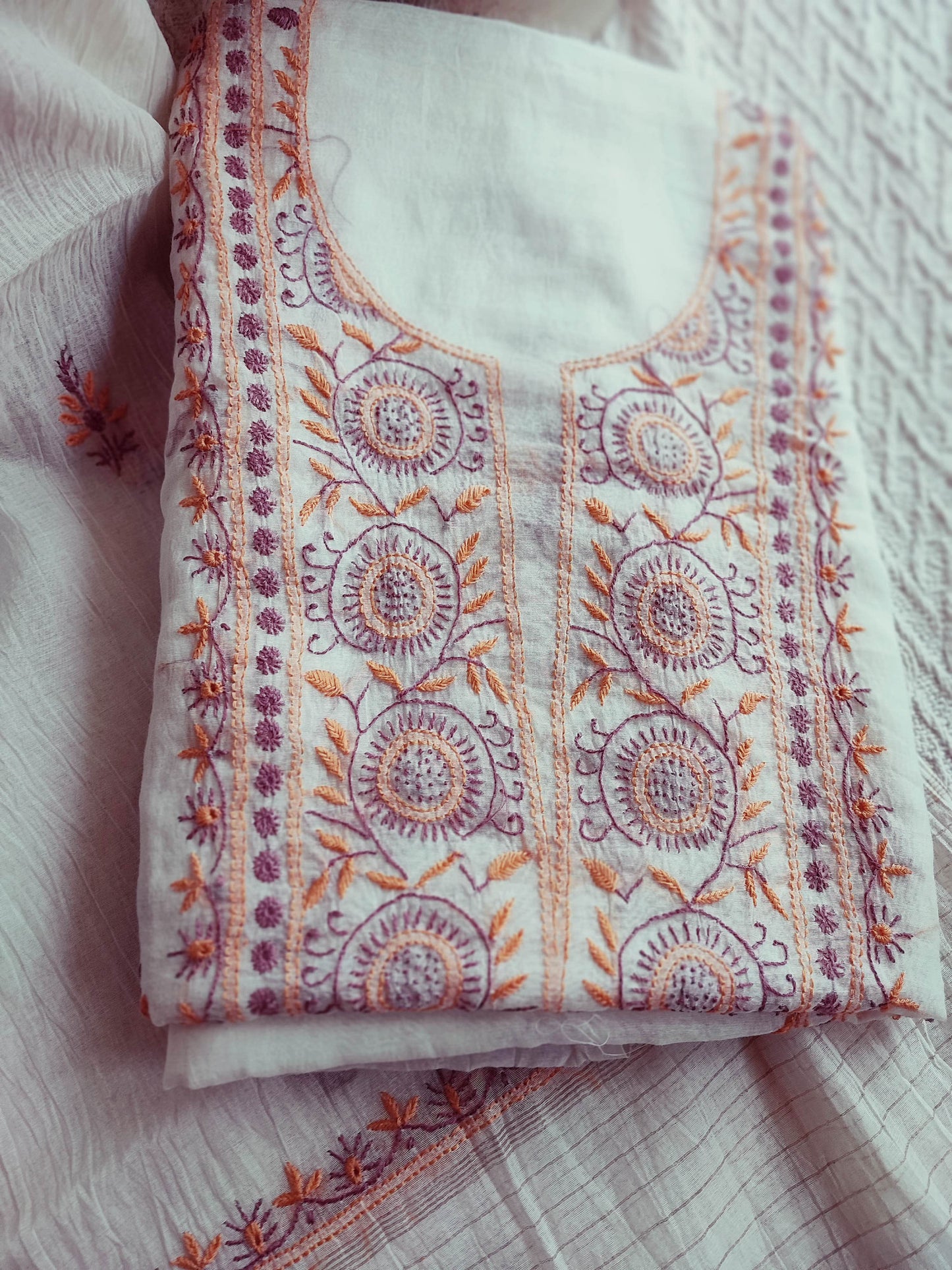Off White Mul Chanderi Kurta Fabric & Dupatta with Lucknowi Embroidery