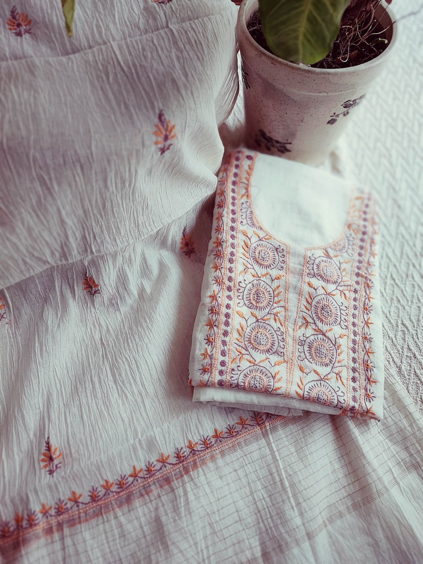 Off White Mul Chanderi Kurta Fabric & Dupatta with Lucknowi Embroidery