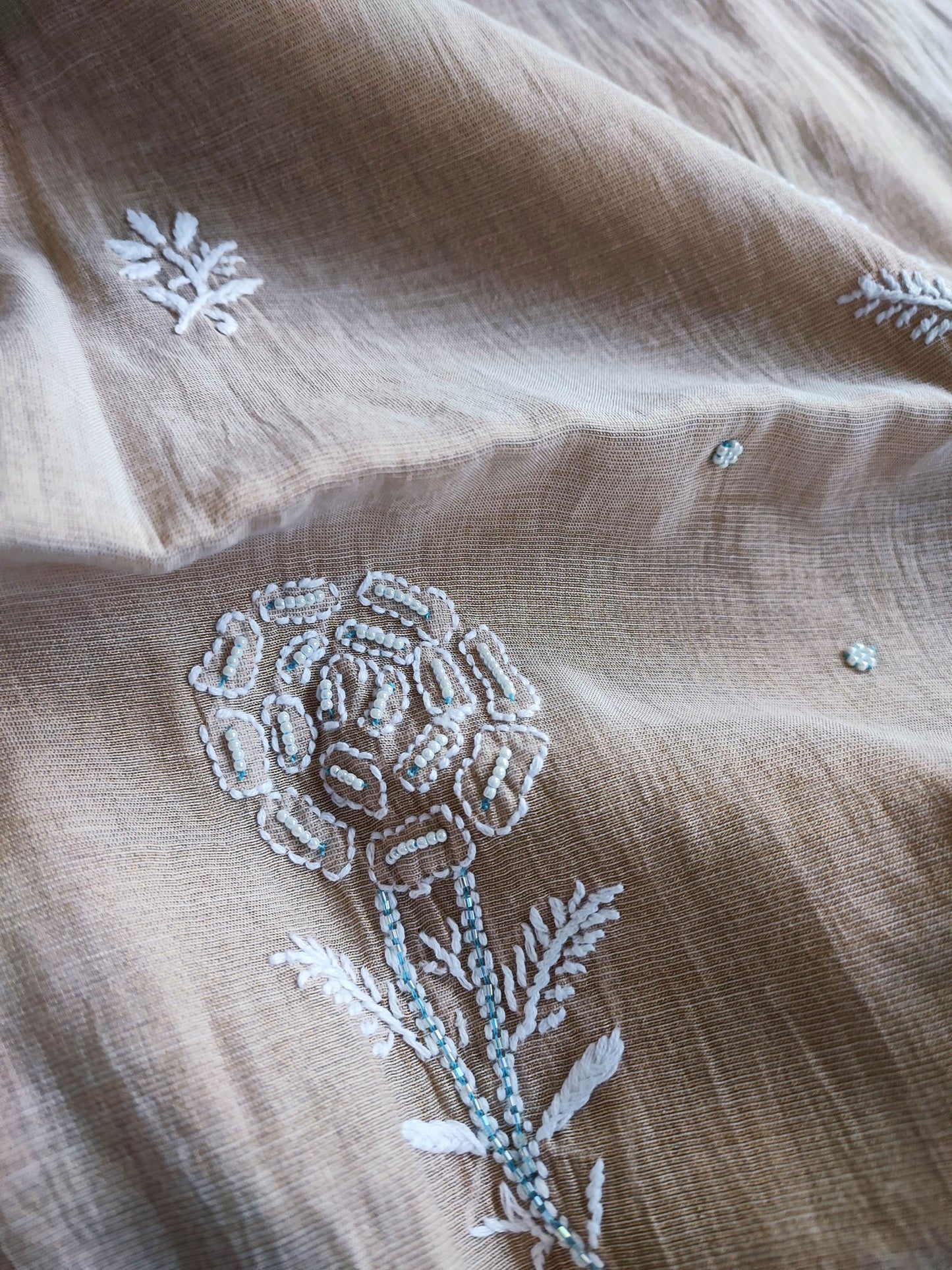 Beige Mul Tissue Kurta Fabric & Dupatta with Pearl Lucknowi Embroidery