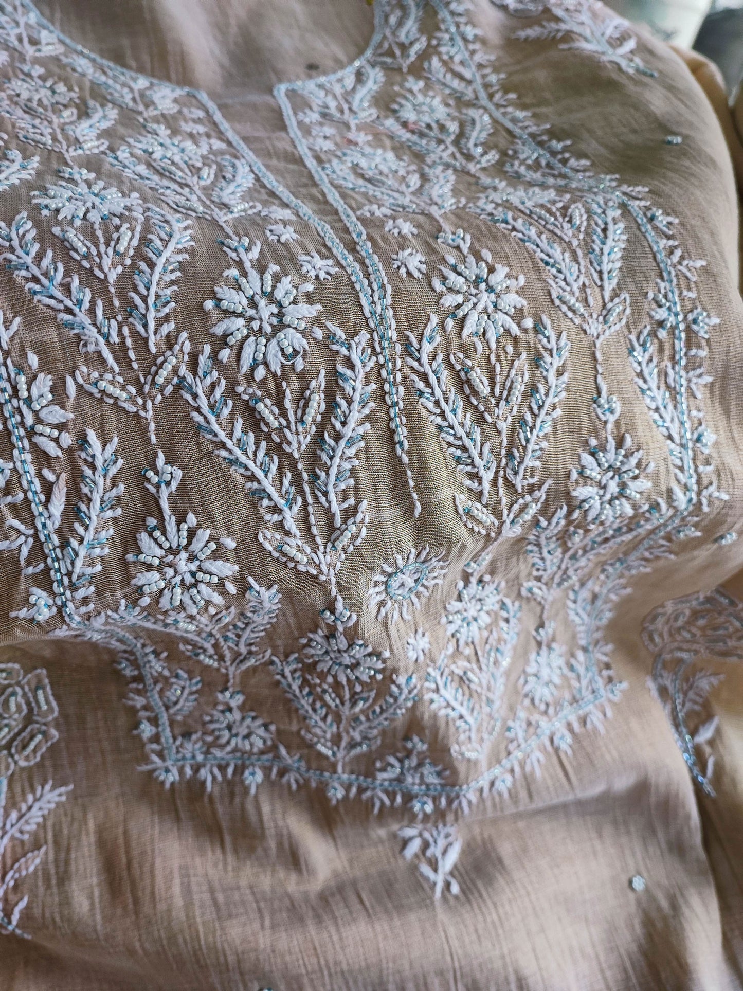Beige Mul Tissue Kurta Fabric & Dupatta with Pearl Lucknowi Embroidery
