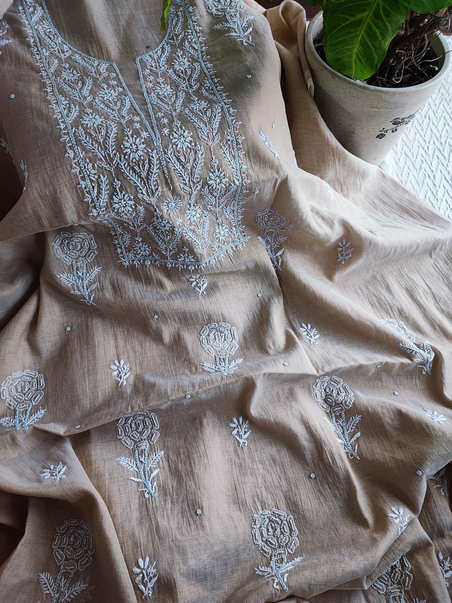 Beige Mul Tissue Kurta Fabric & Dupatta with Pearl Lucknowi Embroidery