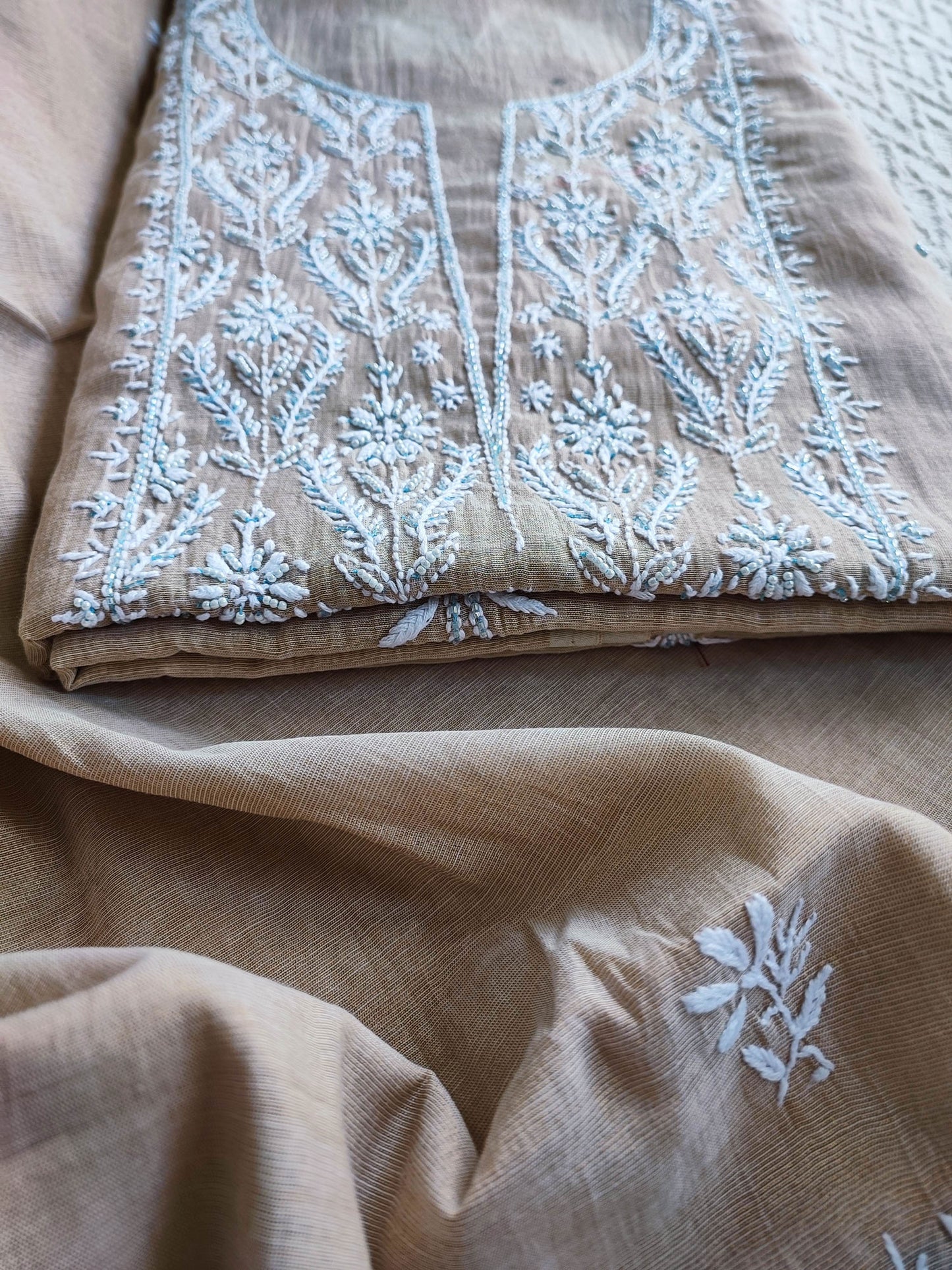 Beige Mul Tissue Kurta Fabric & Dupatta with Pearl Lucknowi Embroidery