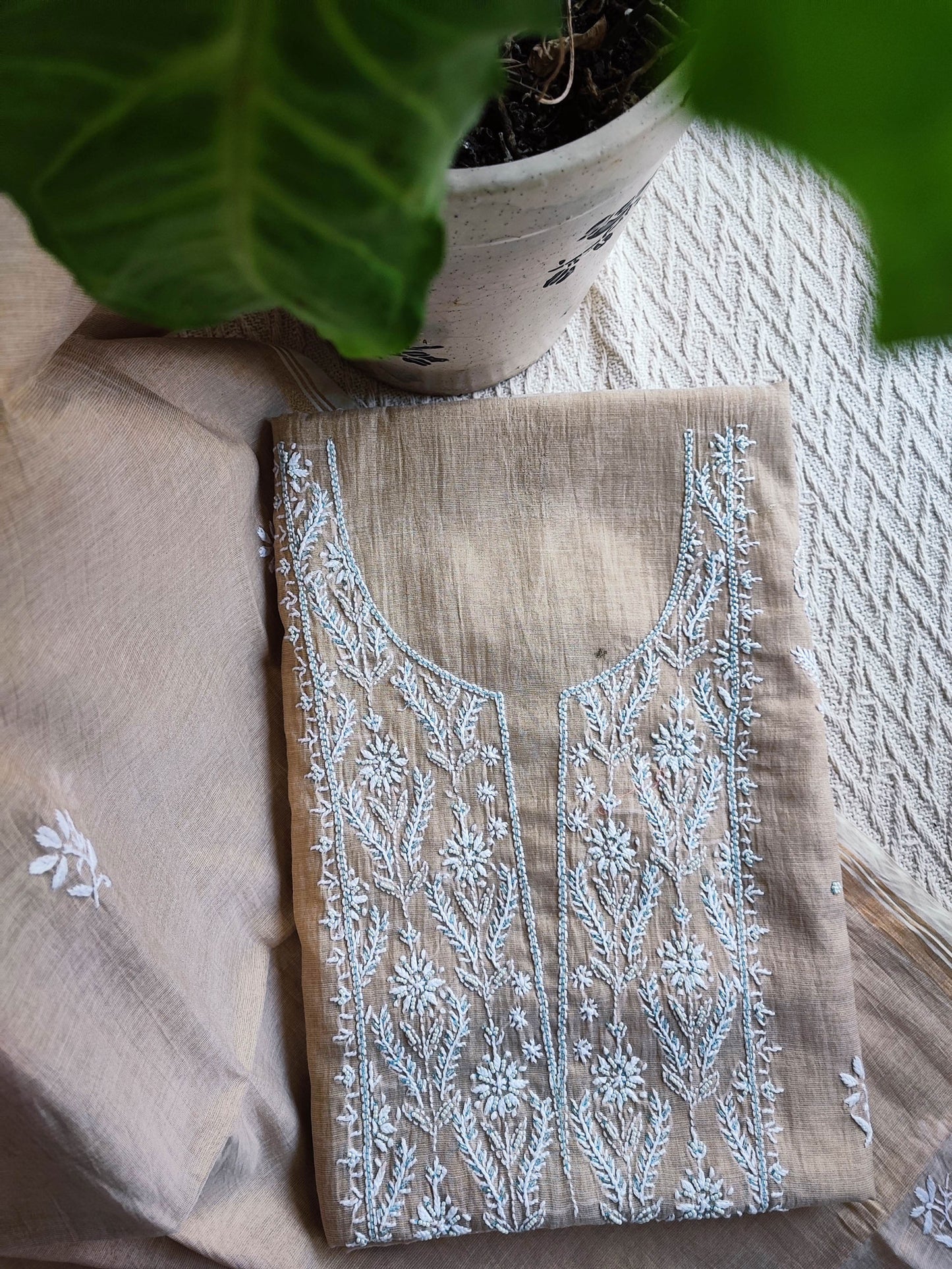Beige Mul Tissue Kurta Fabric & Dupatta with Pearl Lucknowi Embroidery