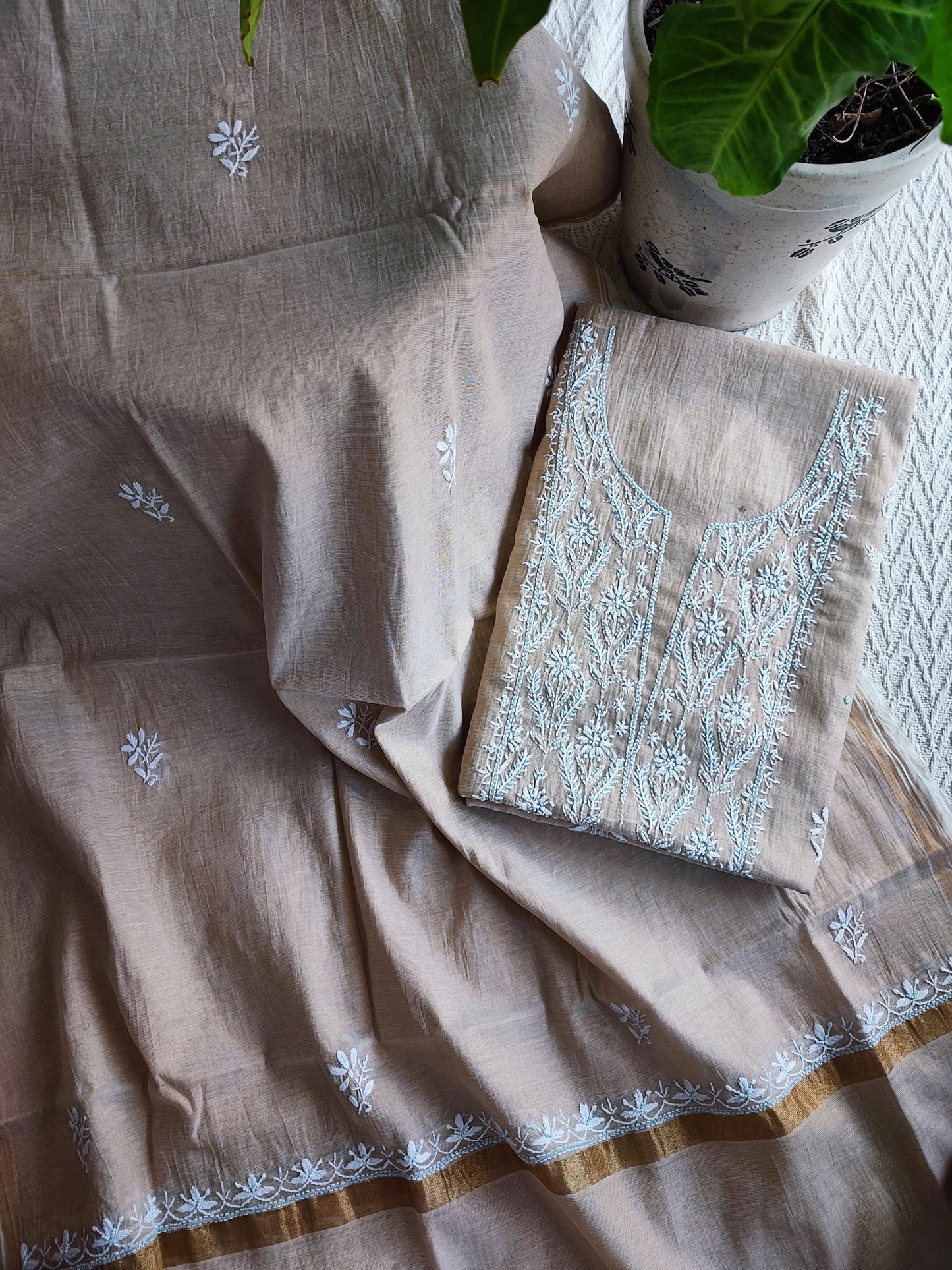 Beige Mul Tissue Kurta Fabric & Dupatta with Pearl Lucknowi Embroidery