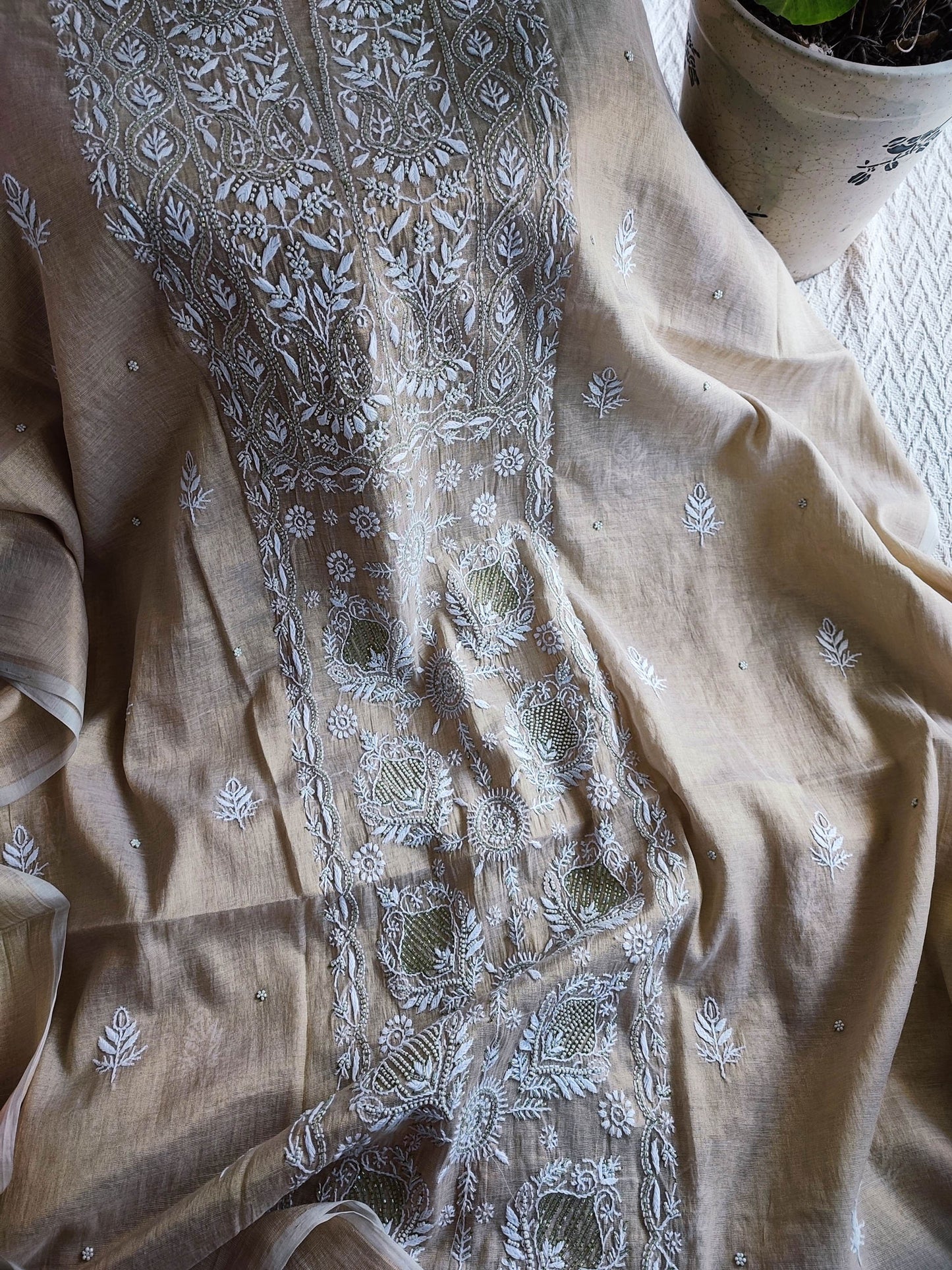 Beige Mul Tissue Kurta Fabric & Dupatta with Pearl Lucknowi Embroidery