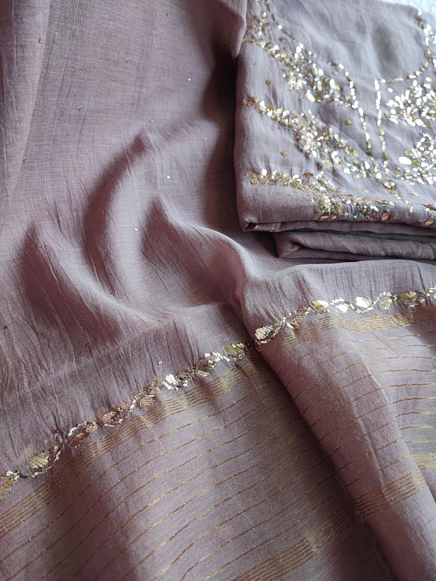 Beige Brown Mul Chanderi Kurta Dupatta Set with Luxury Mukaish Kamdani Work