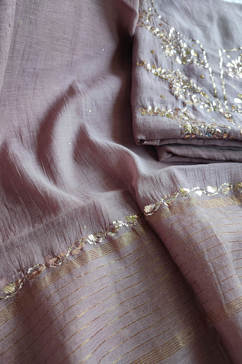 Beige Brown Mul Chanderi Kurta Dupatta Set with Luxury Mukaish Kamdani Work