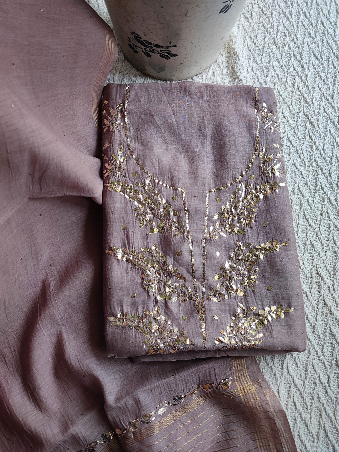 Beige Brown Mul Chanderi Kurta Dupatta Set with Luxury Mukaish Kamdani Work
